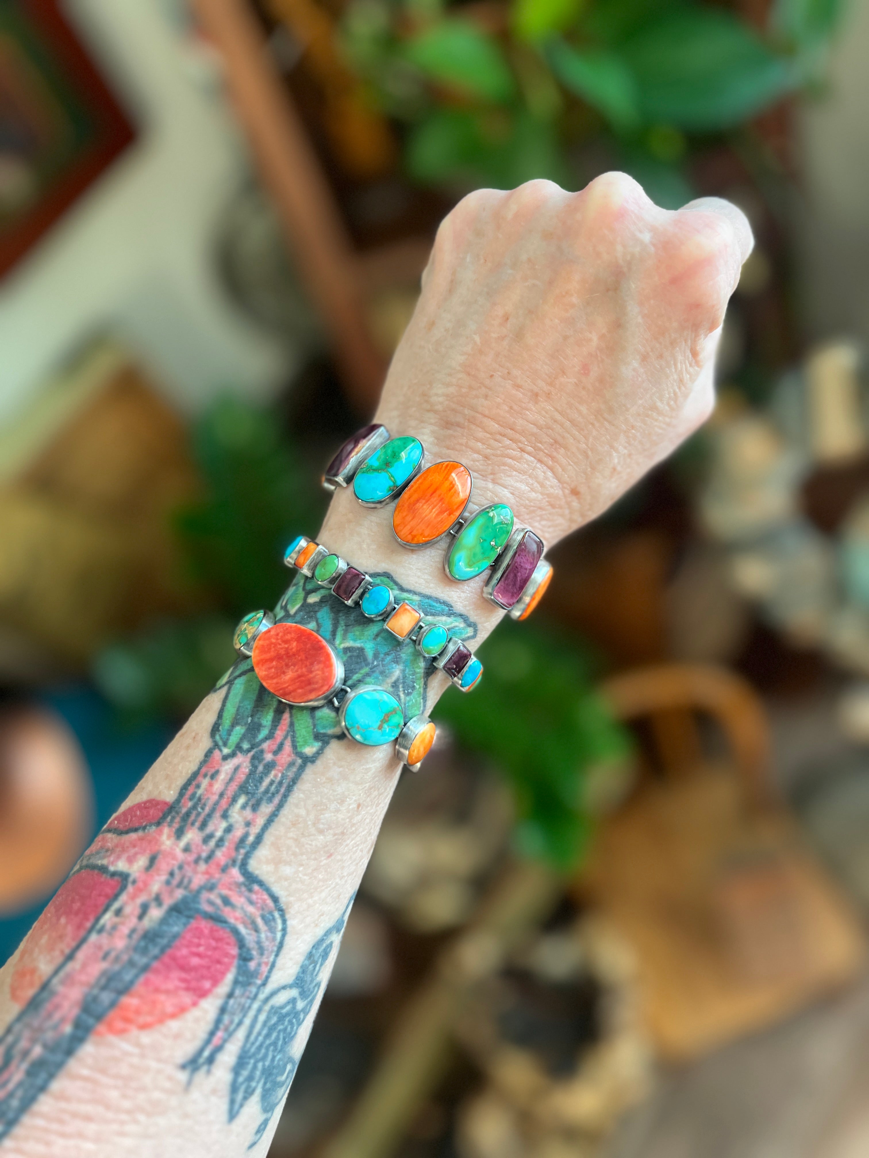Loretta Delgarito Sterling Silver Electric Rainbow Link Turquoise and Spiny Oyster Bracelet, Ovals & Rectangles
