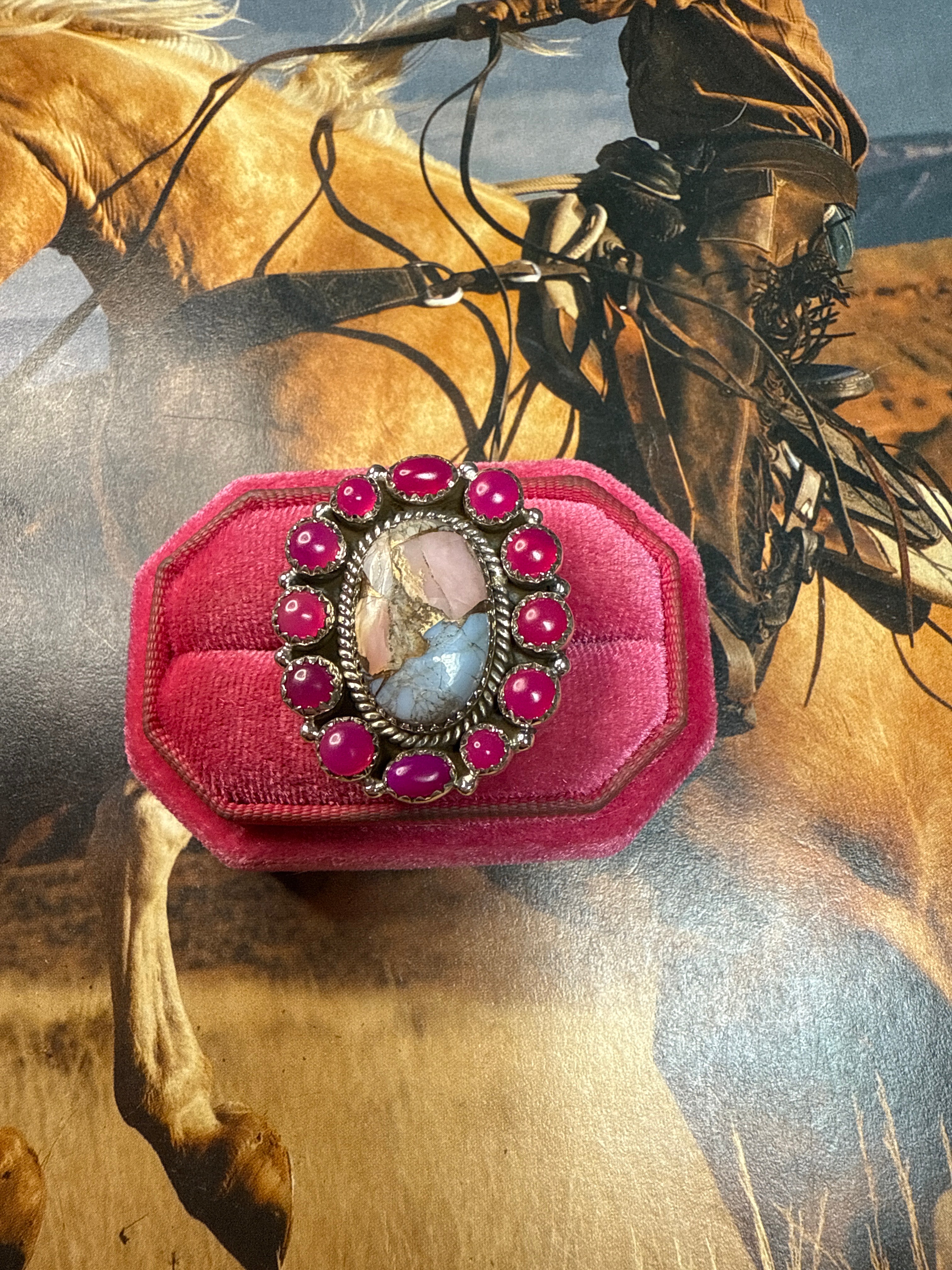 Handmade Sterling Silver, Pink Conch Mojave & Pink Opal Adjustable Ring