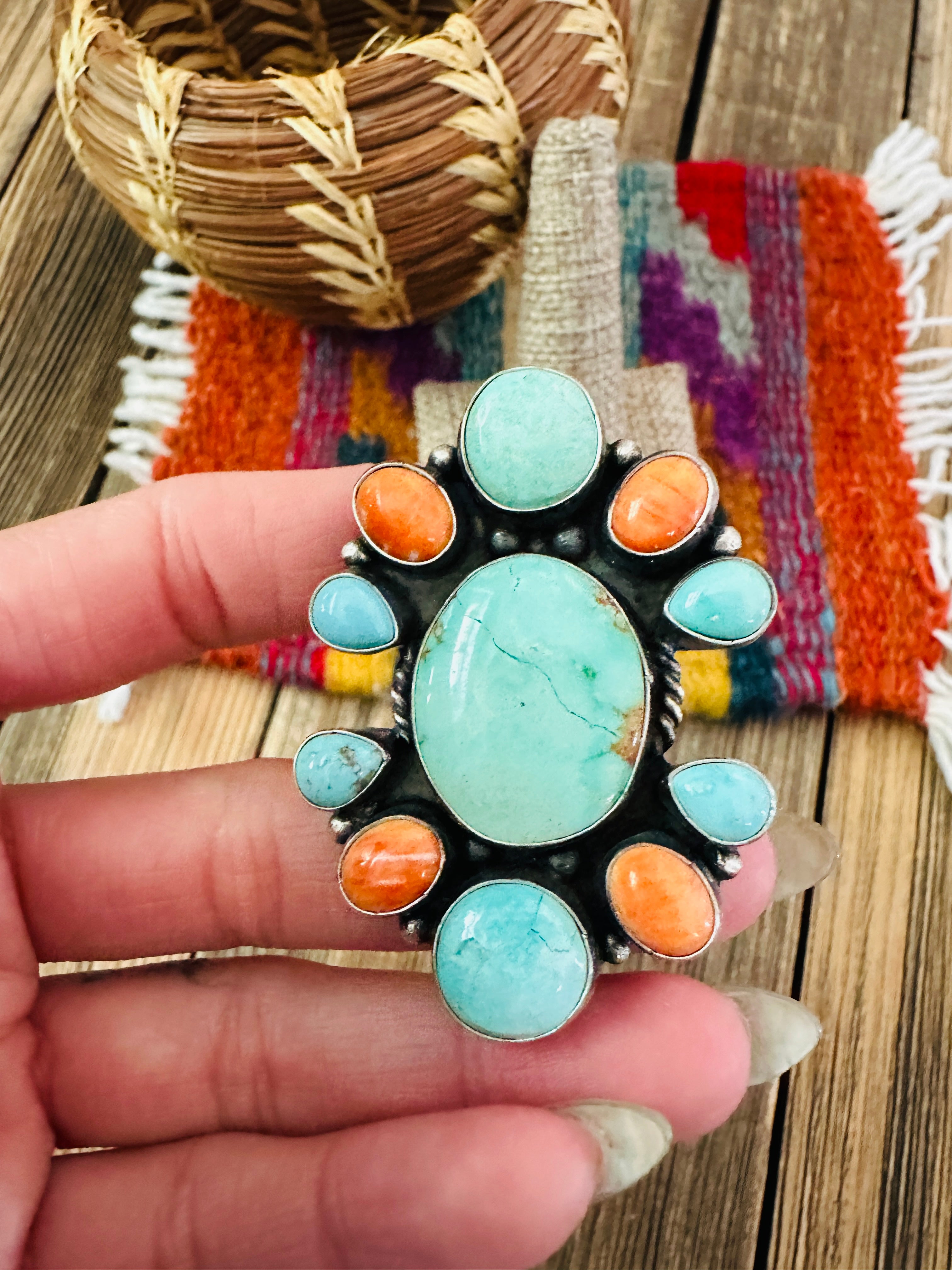 Handcrafted Spiny, Turquoise & Sterling Silver Cluster Ring Size 8.5 by Sheila Becenti