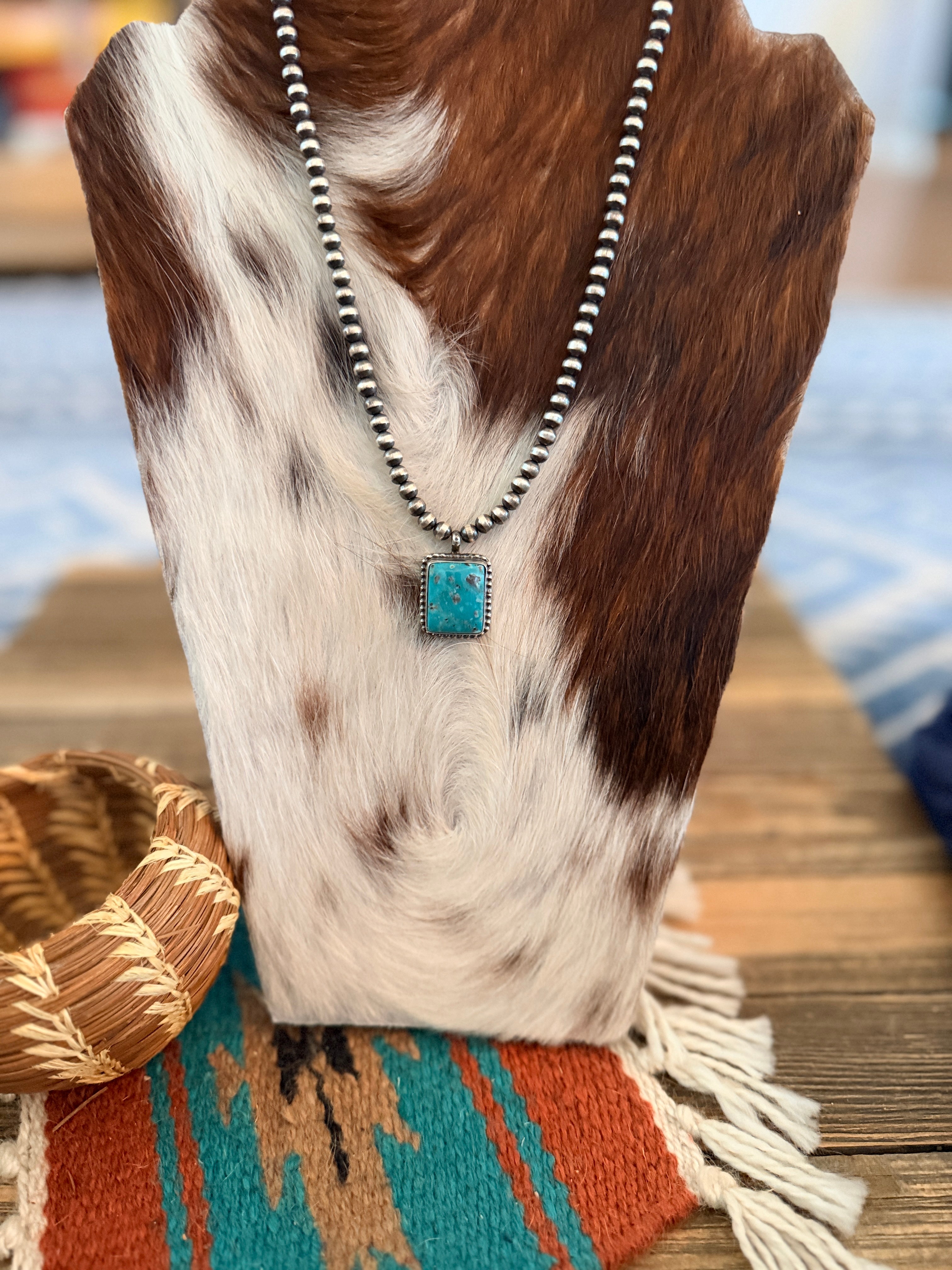 Handcrafted Turquoise & 5mm Sterling Silver Pearl 18” Beaded Necklace