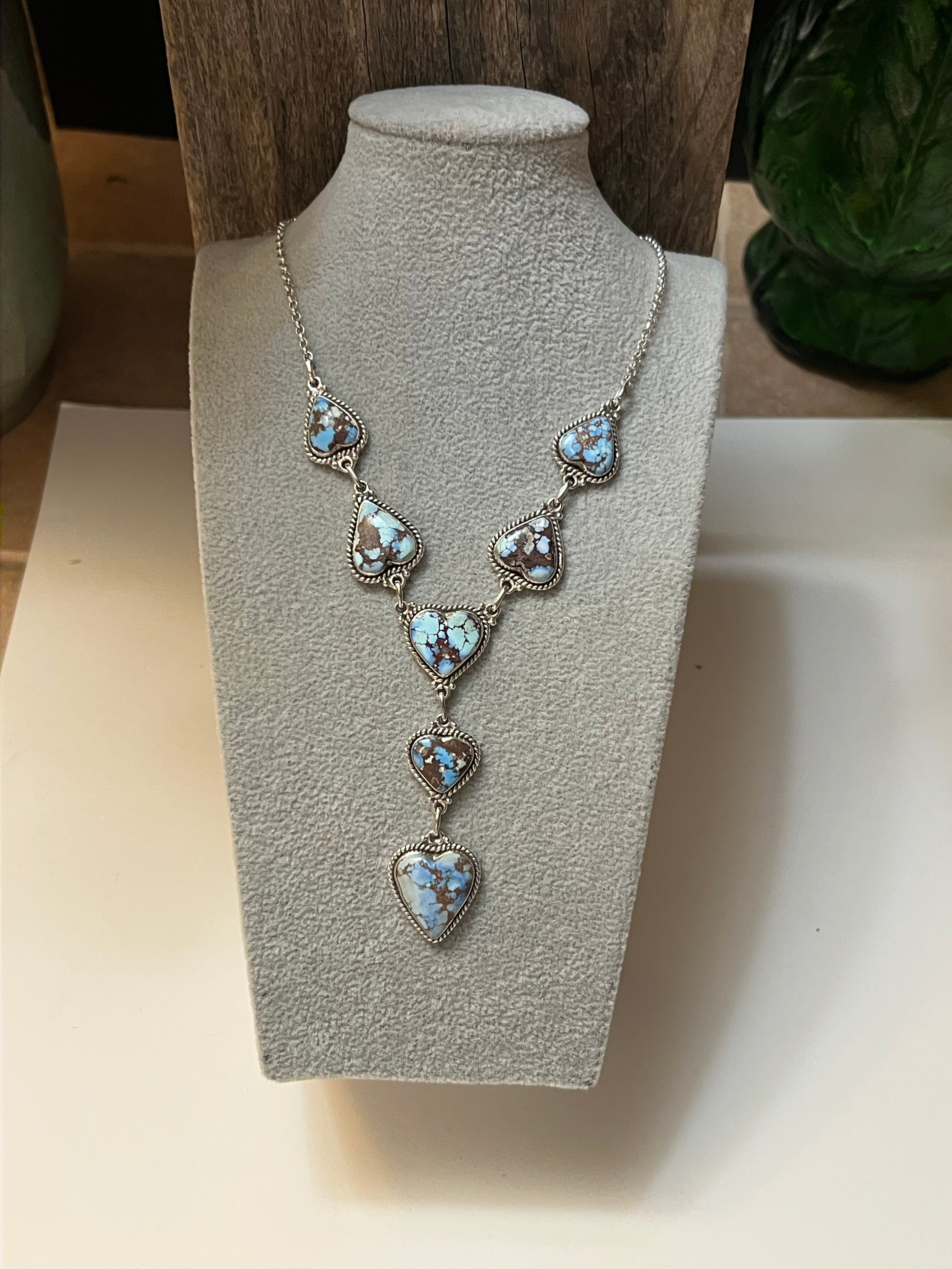 Handmade Sterling Silver & Golden Hills Turquoise 7 Heart Lariat Necklace