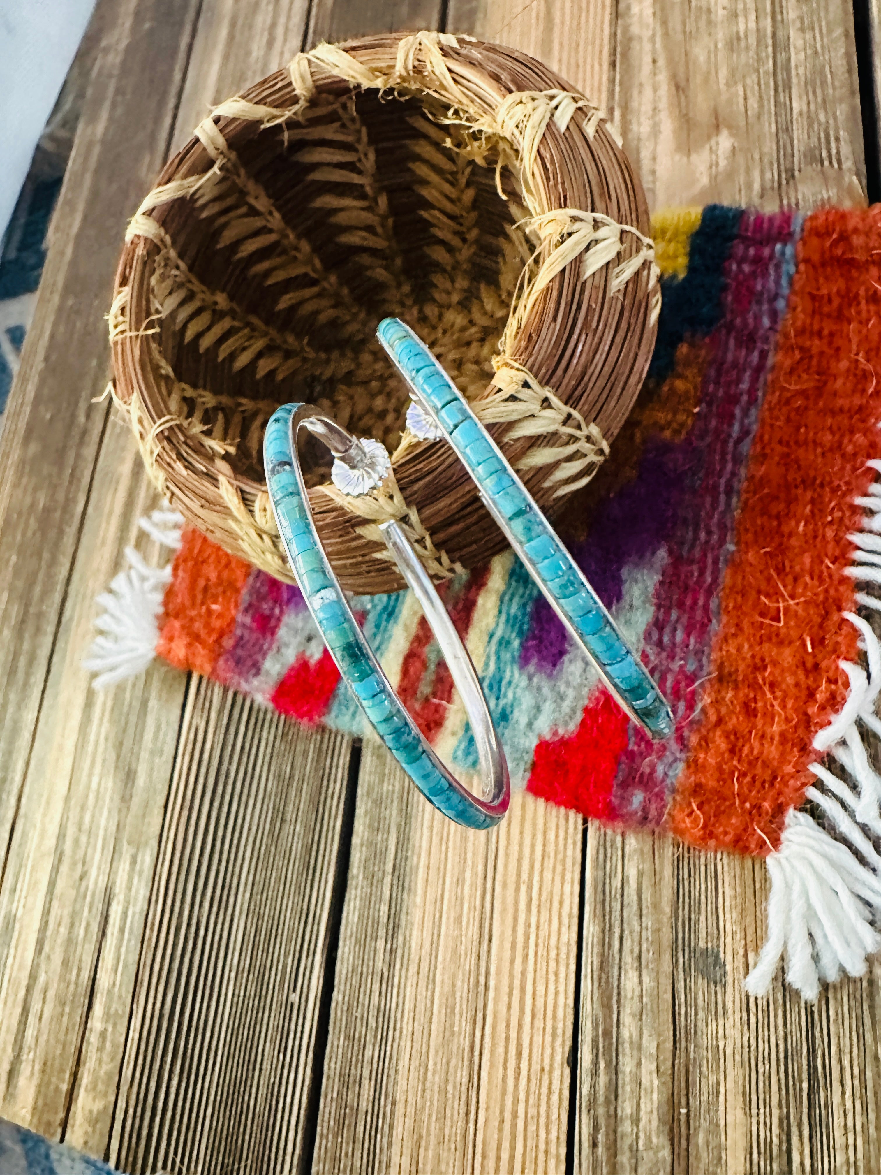 Handcrafted Turquoise & Sterling Silver Hoop Earrings by Federico Jimenez