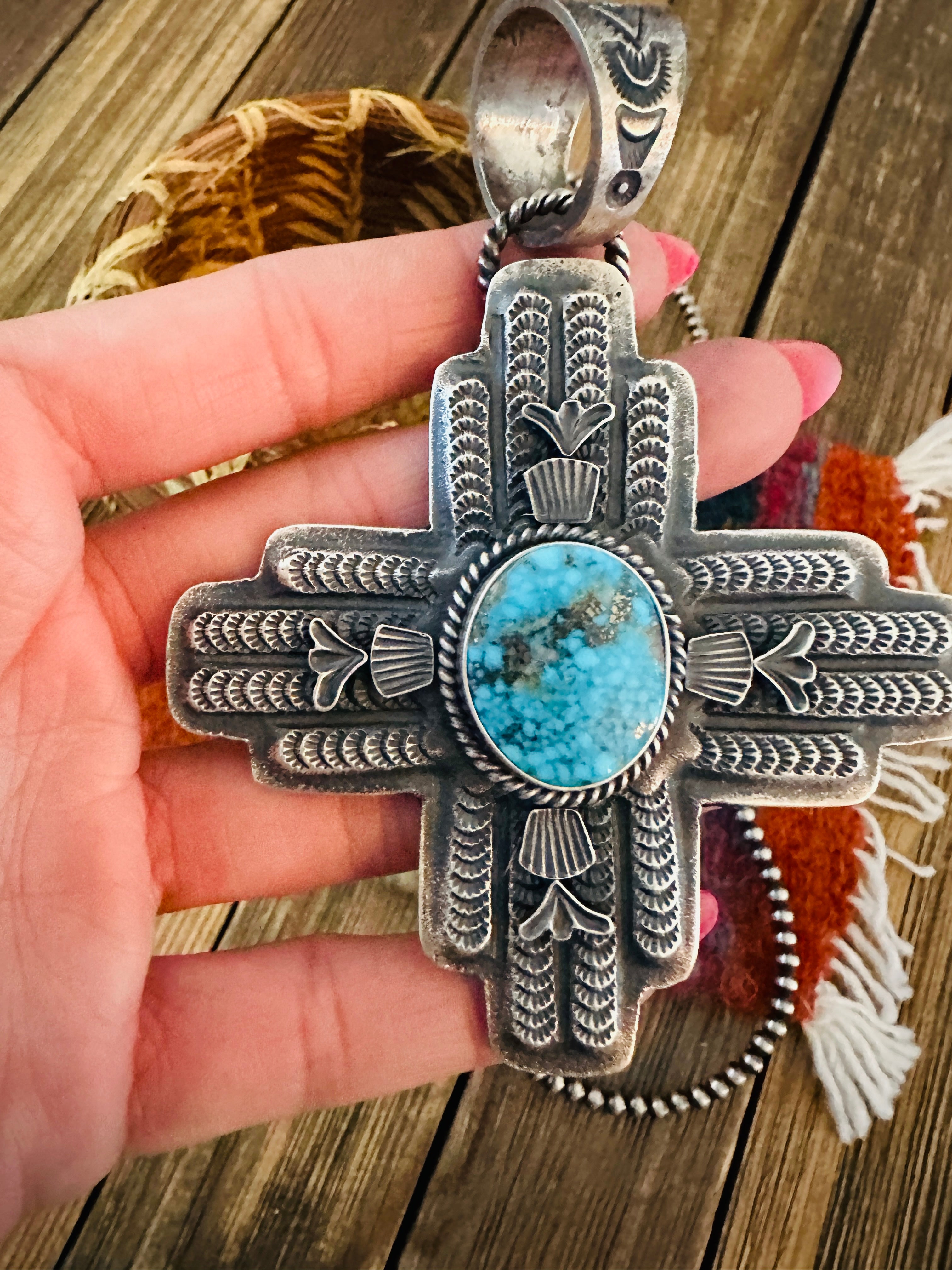 Handcrafted Sterling Silver & Turquoise Zia Cross Pendant by Kevin Billah