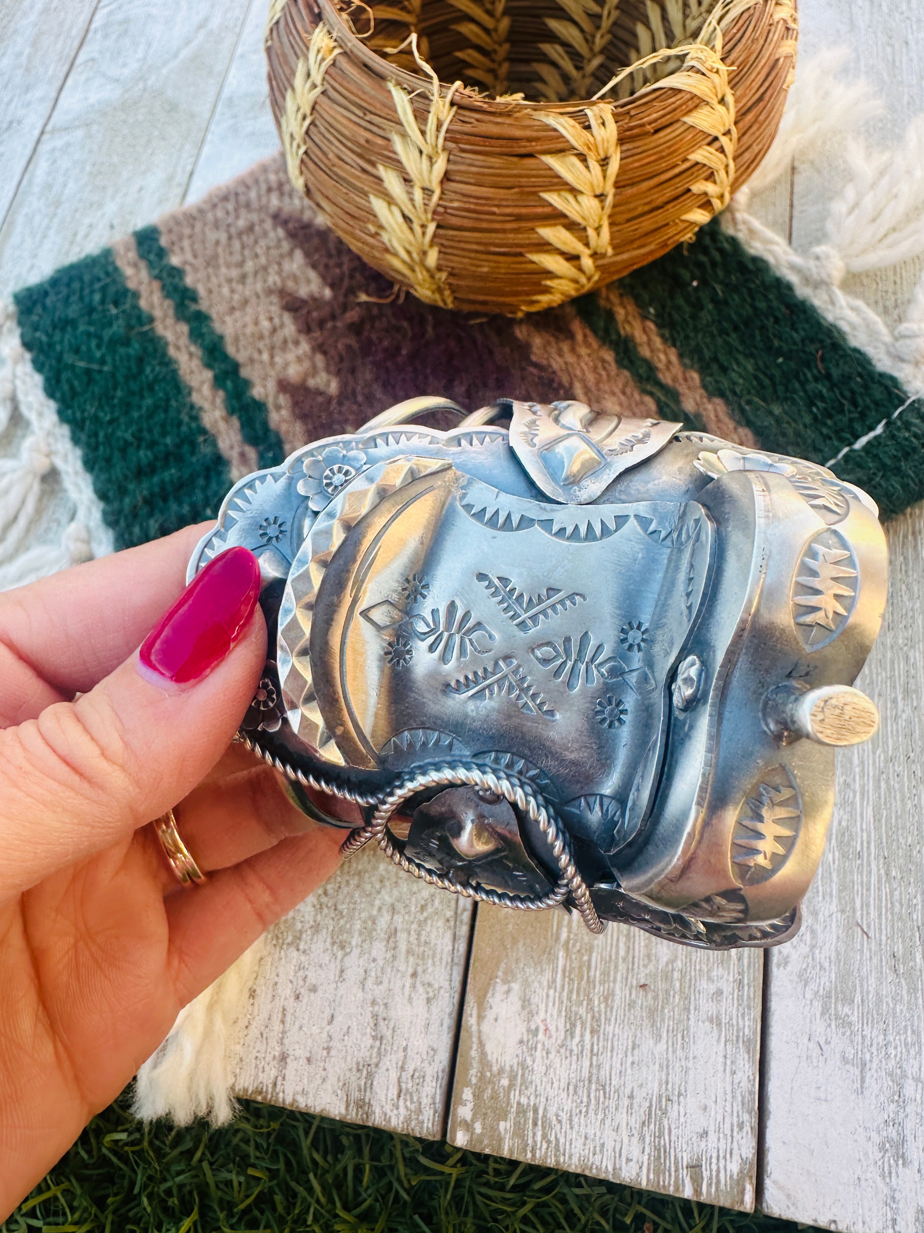 Handcrafted Sterling Silver Saddle Cuff Bracelet by Tim Yazzie