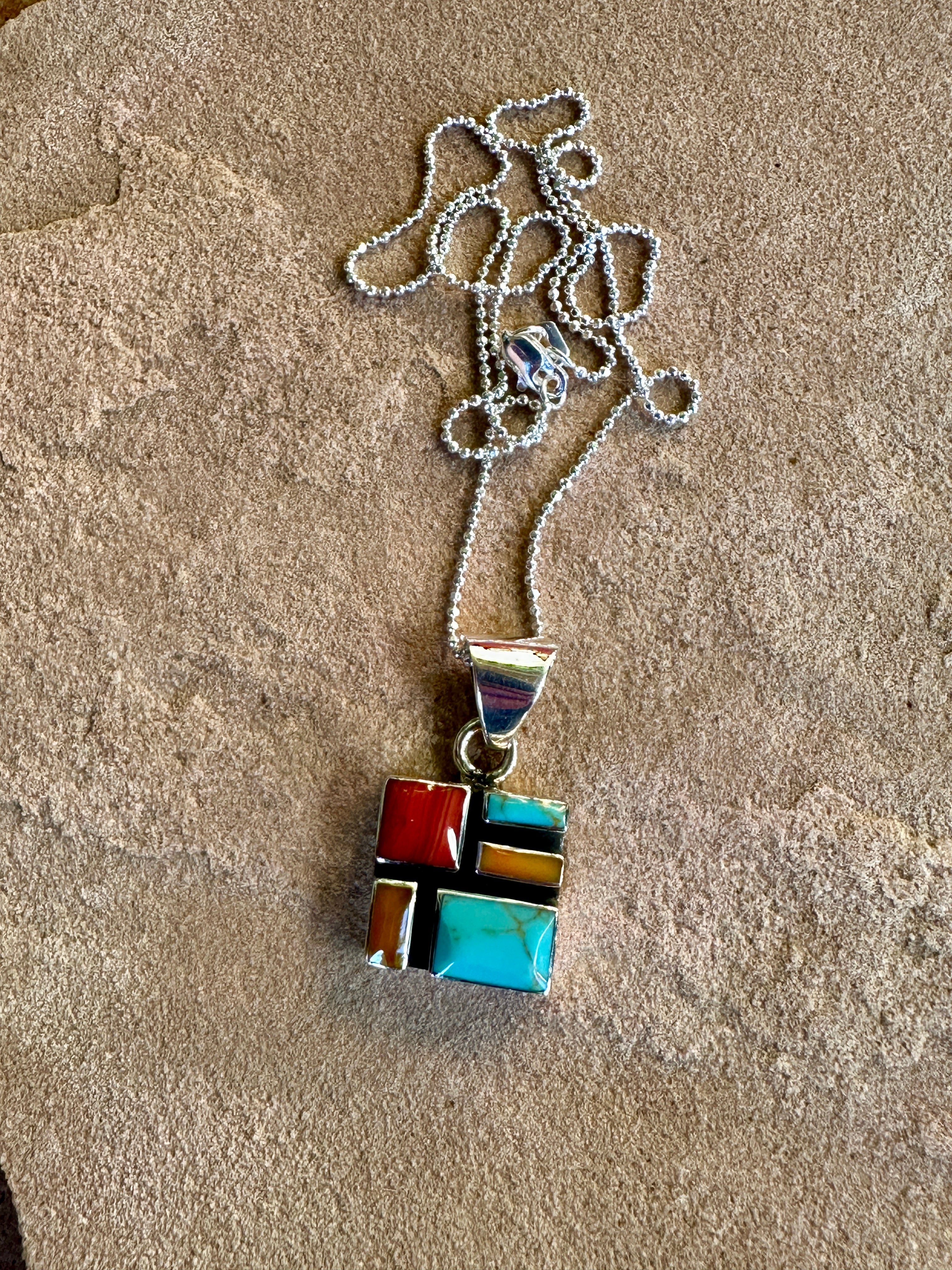 Square Tejano Mosaic Pendant Necklace