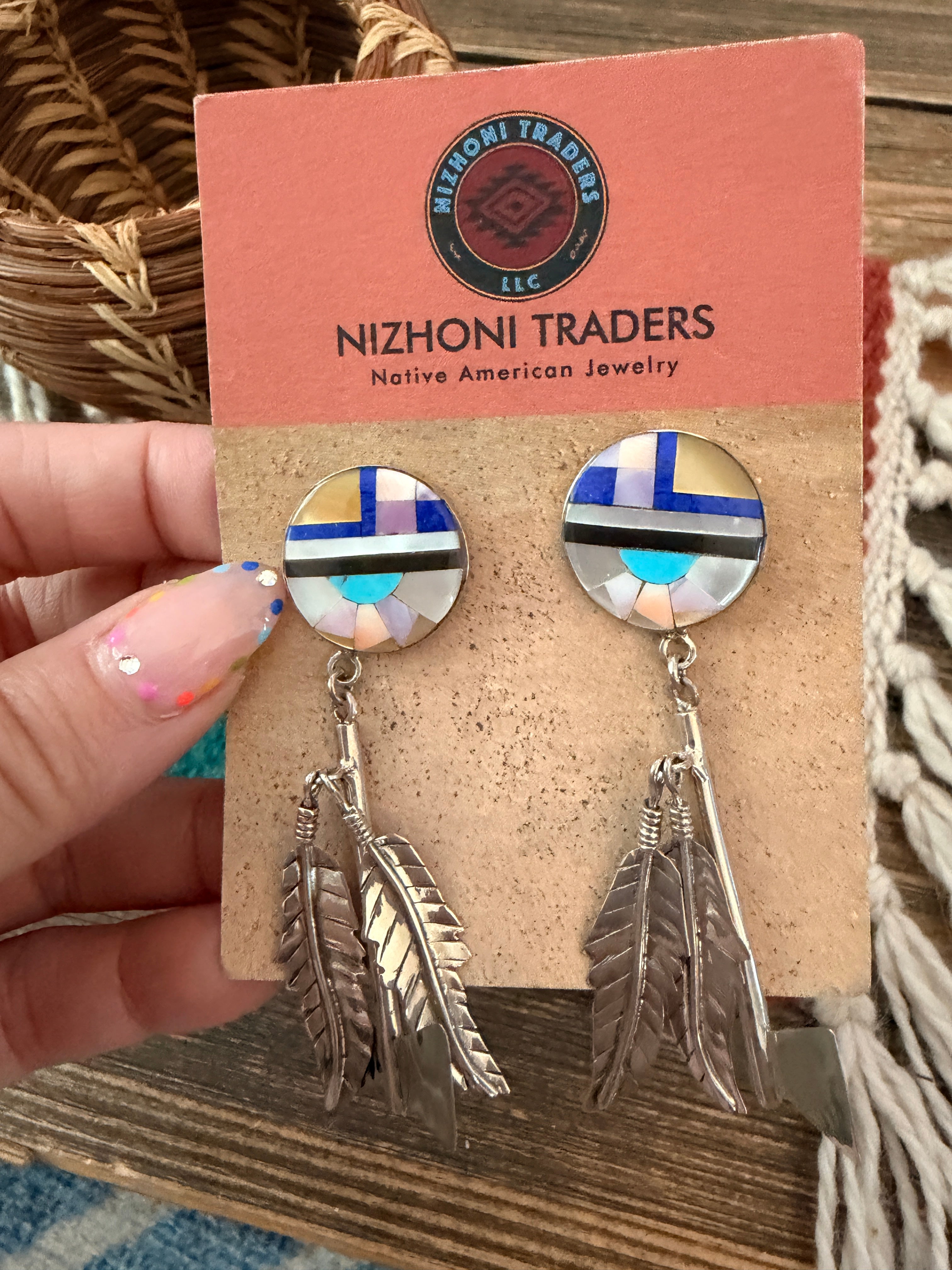 Old Pawn Handcrafted Sterling Silver & Multi Stone Inlay Feather Dangle Earrings