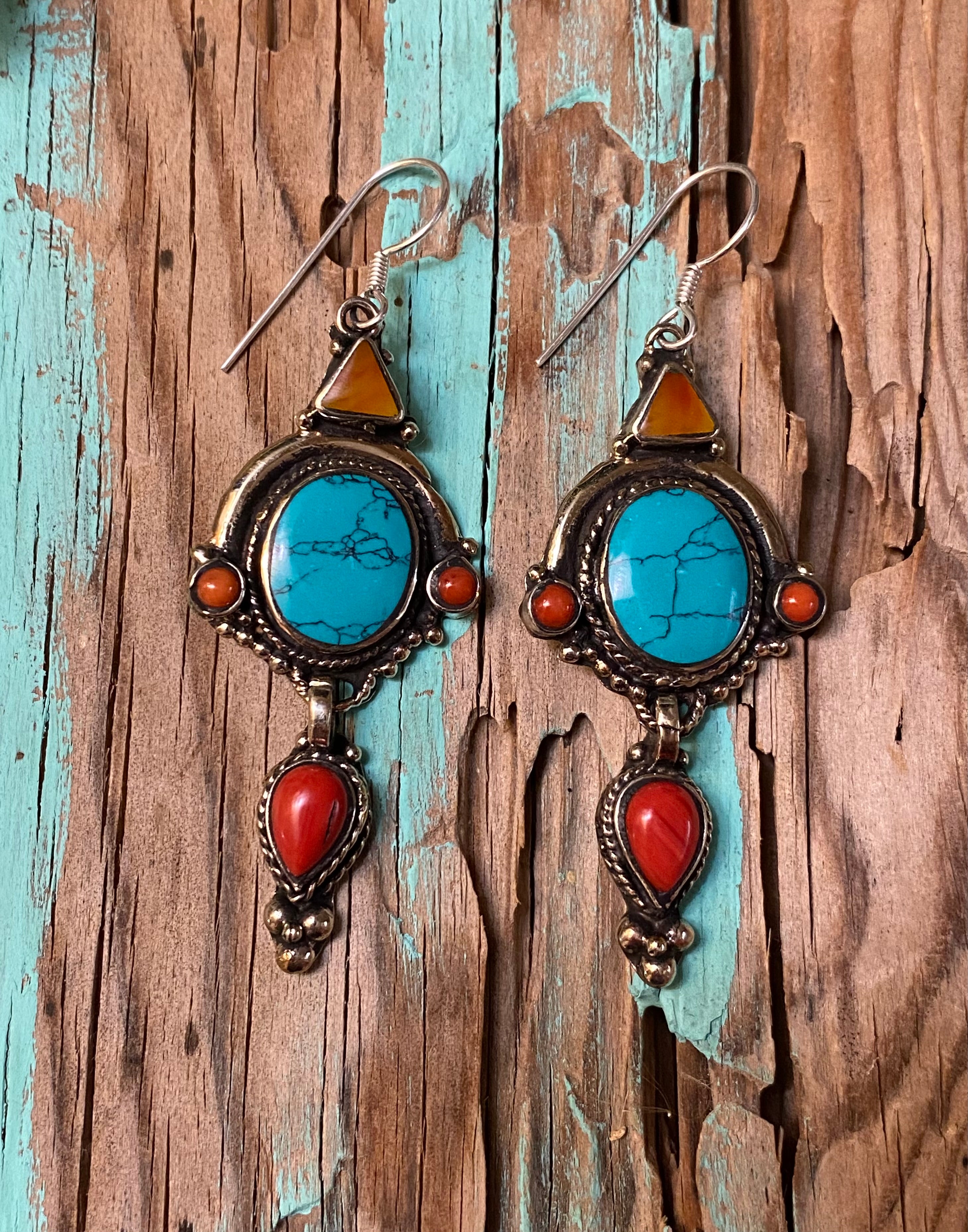 Silver Elegant Turquoise, Red Coral, & Orange Spiny Dangle Statement Earrings