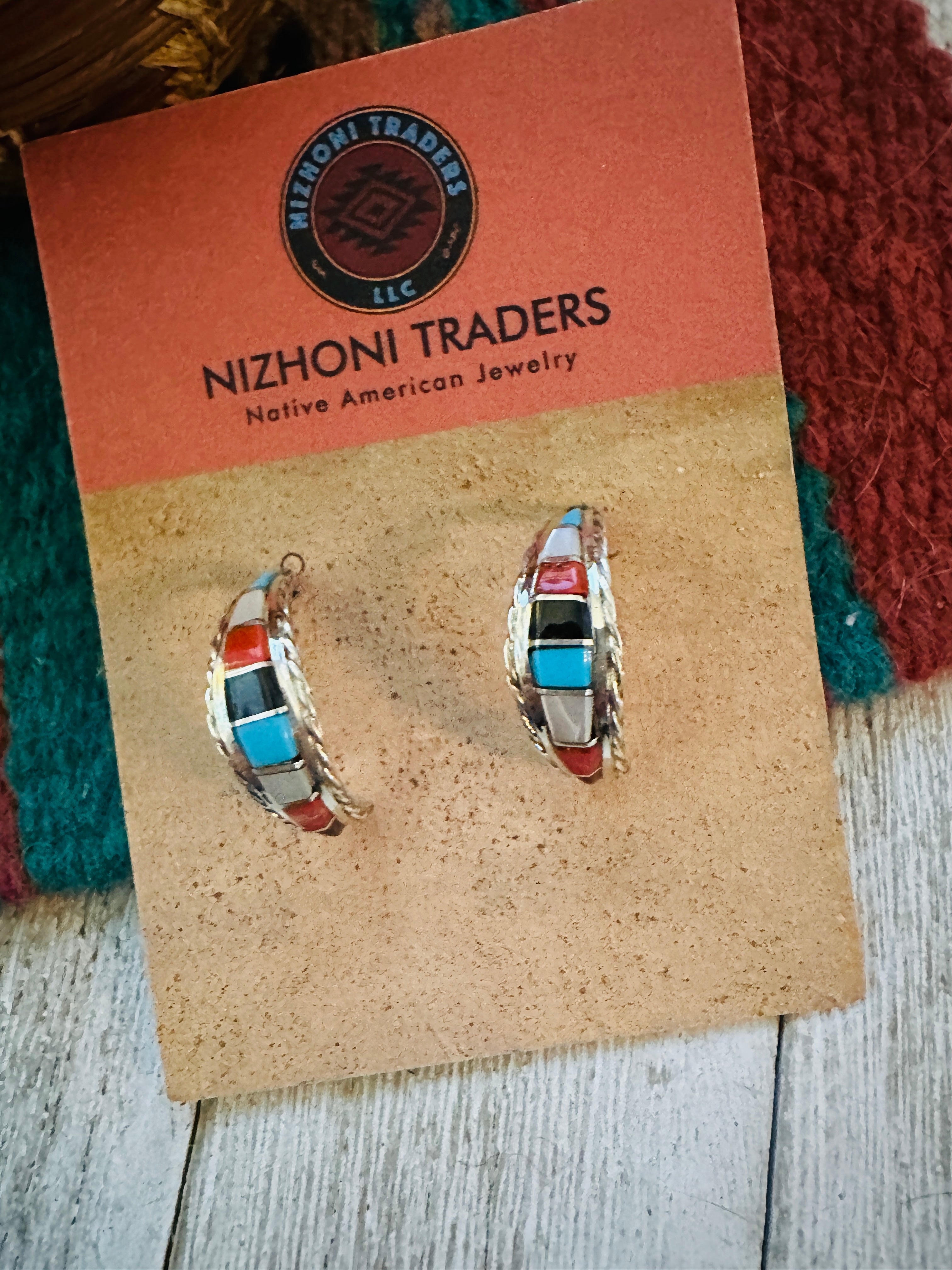 Handcrafted Sterling Silver & Multi Stone Inlay Hoop Earrings