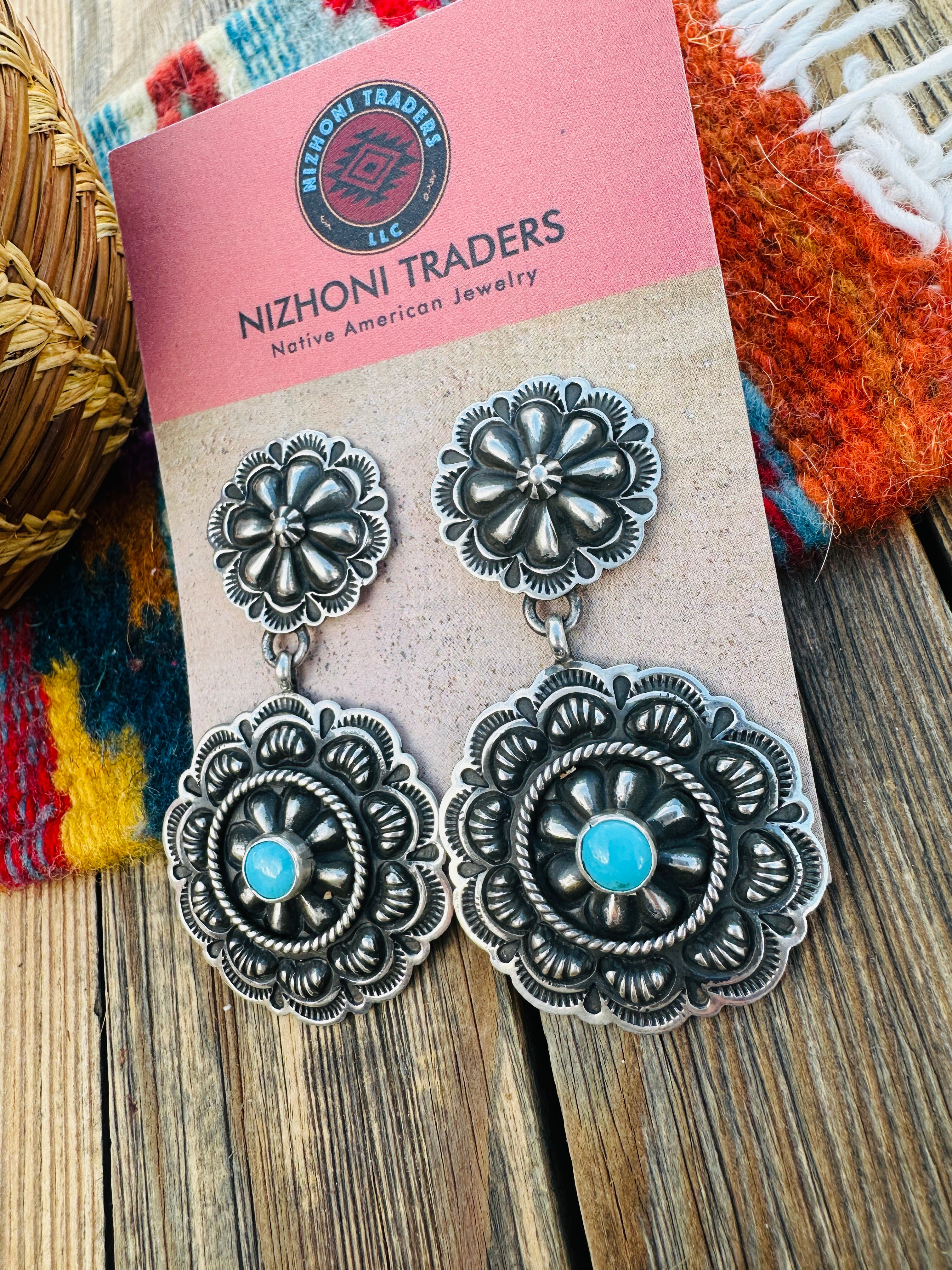 Handcrafted Turquoise & Sterling Silver Concho Dangle Earrings