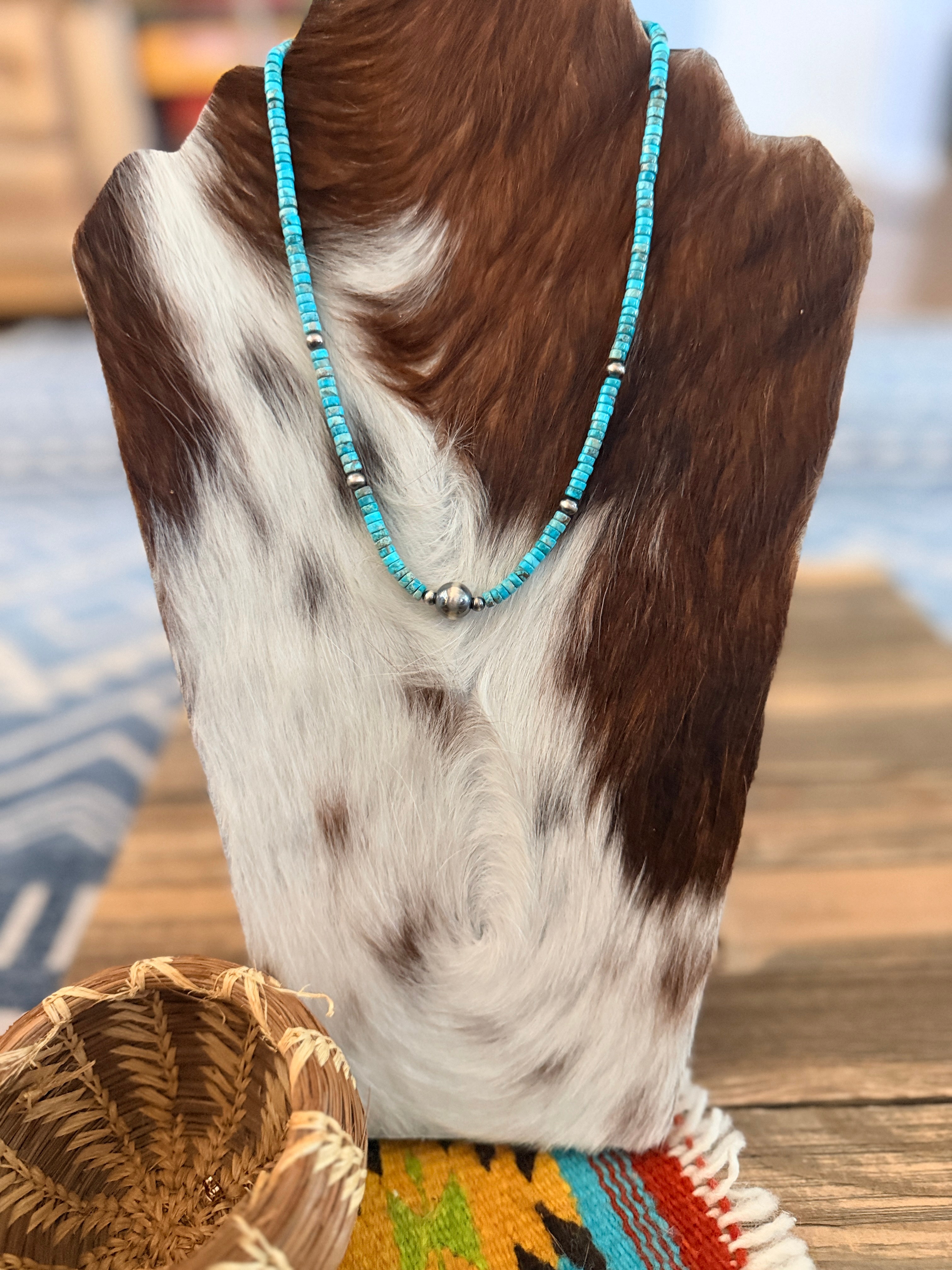 Handmade Sterling Silver & Kingman Turquoise Beaded Necklace