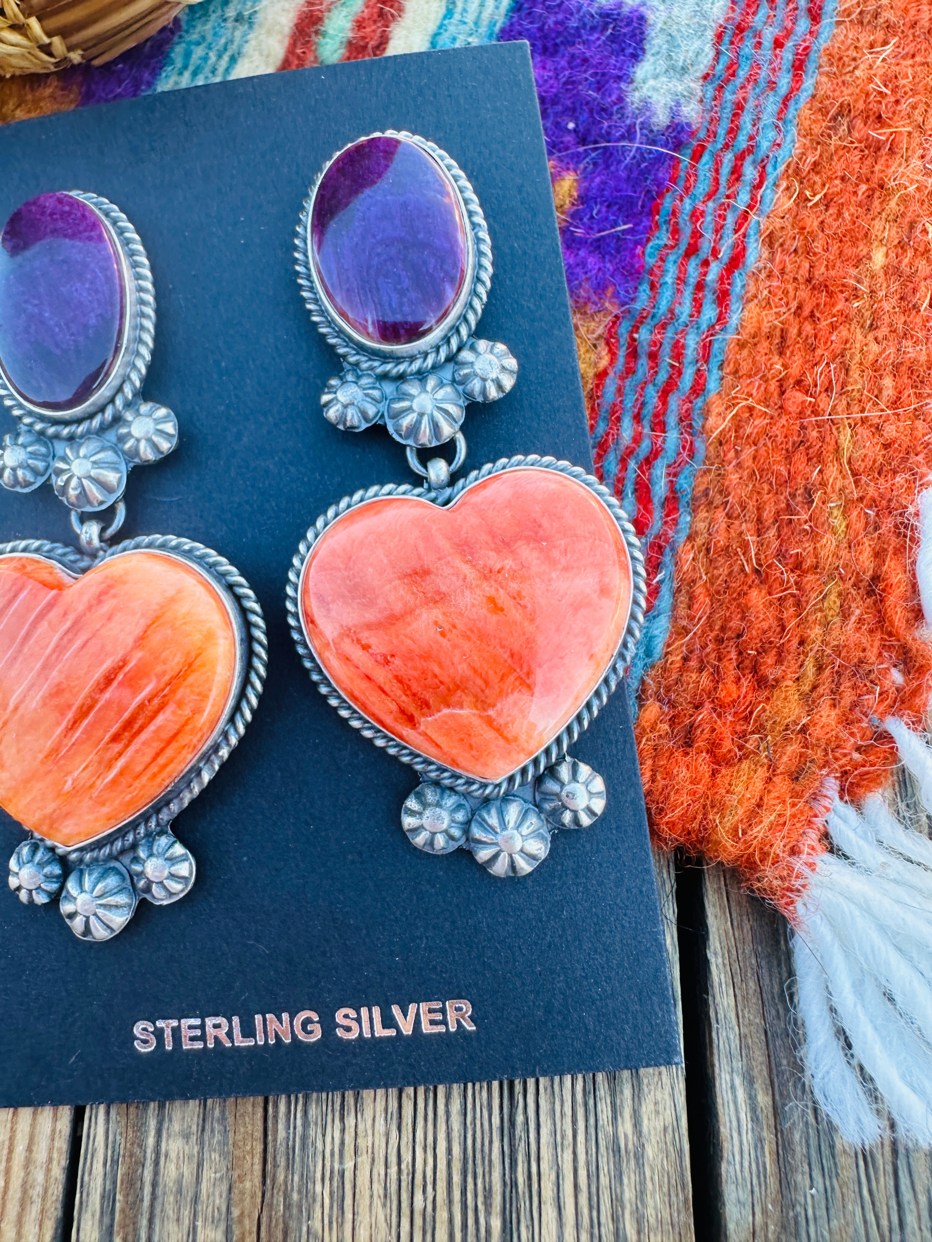 Handcrafted Spiny Oyster & Sterling Silver Heart Dangle Earrings by Kevin Billah