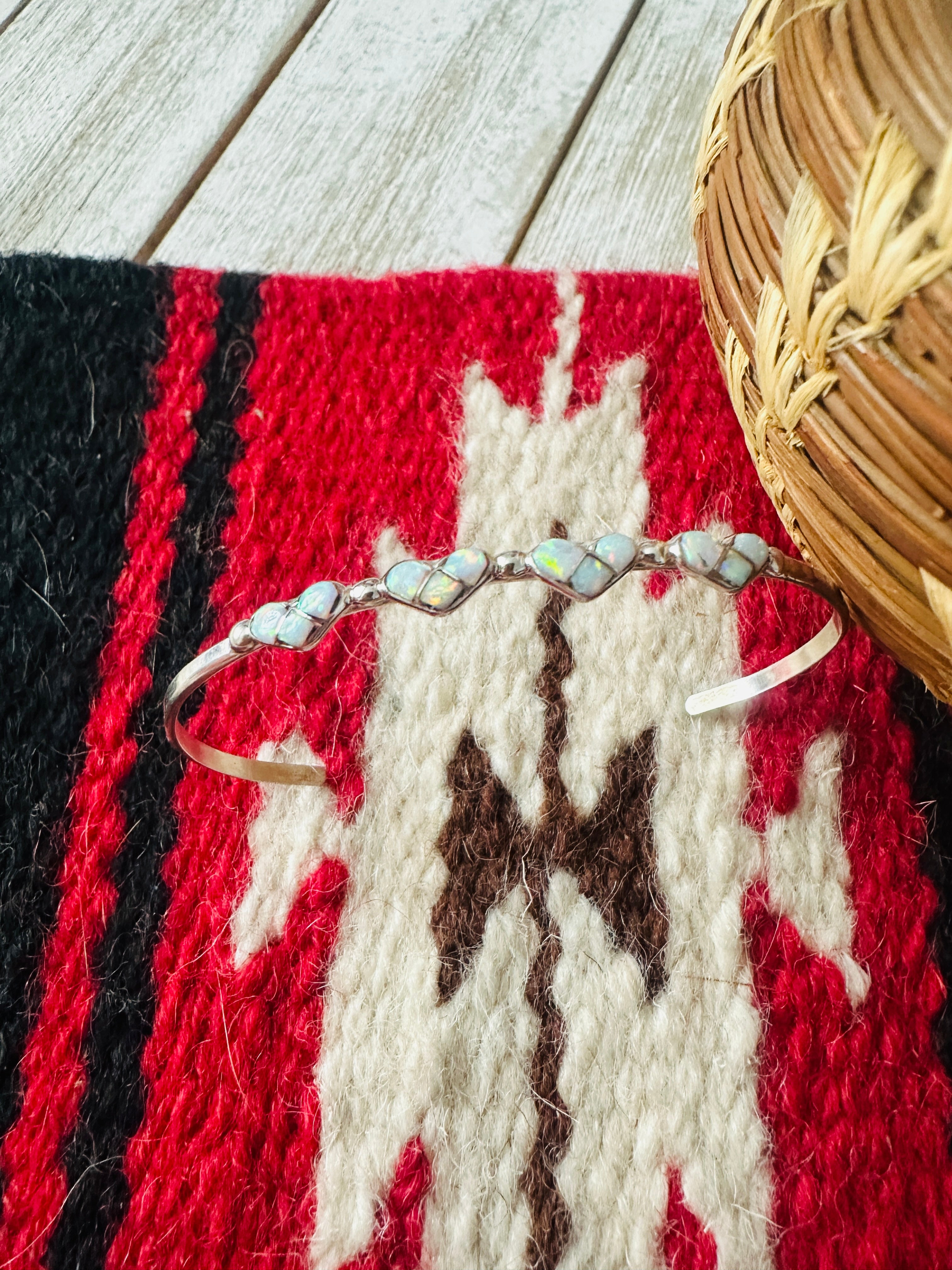 Zuni Sterling Silver & White Opal Heart Inlay Cuff Bracelet