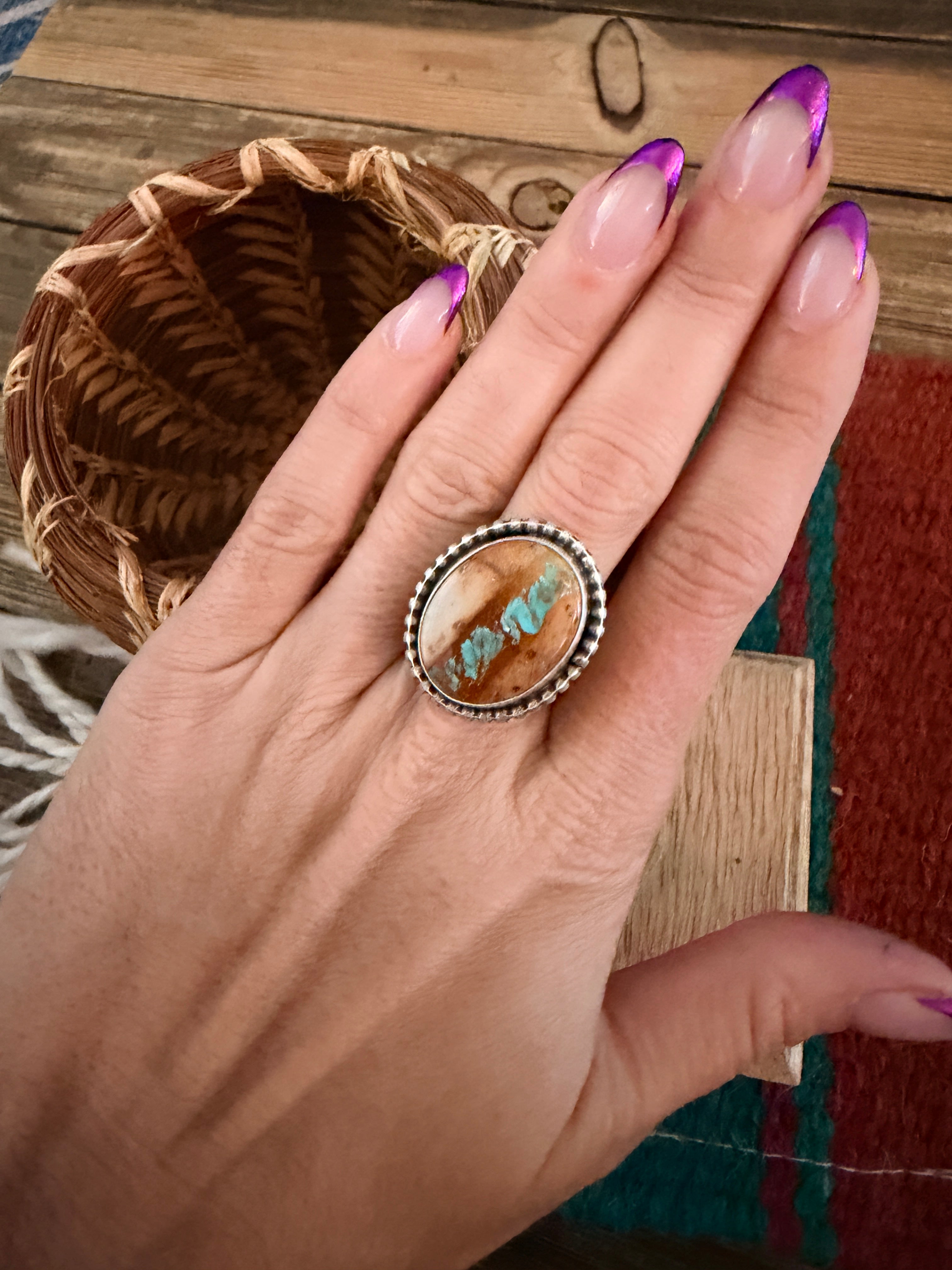 Handcrafted Ribbon Turquoise & Sterling Silver Inlay Ring Size 6