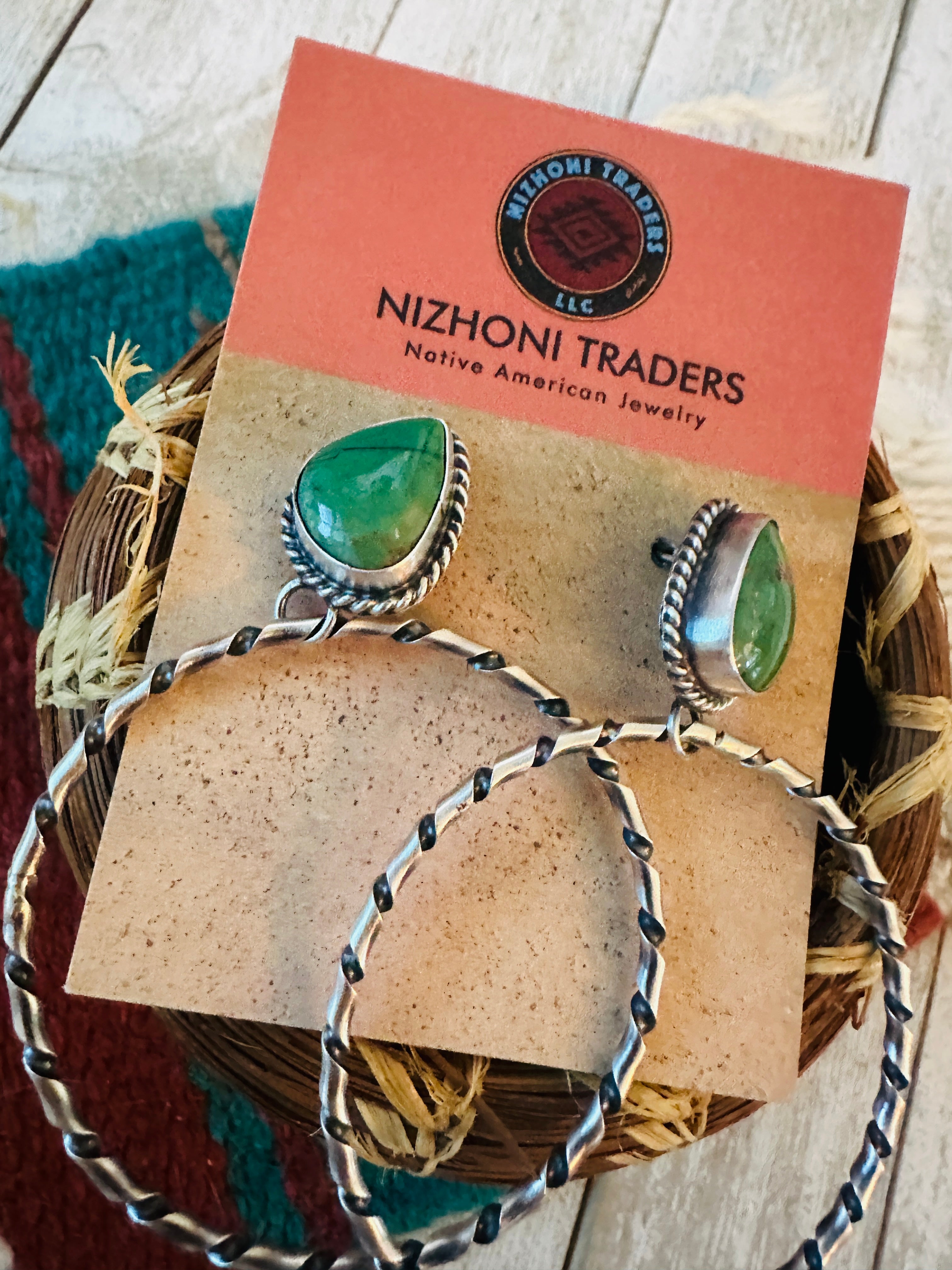 Navajo Turquoise and Sterling Silver Dangle Hoop Earrings