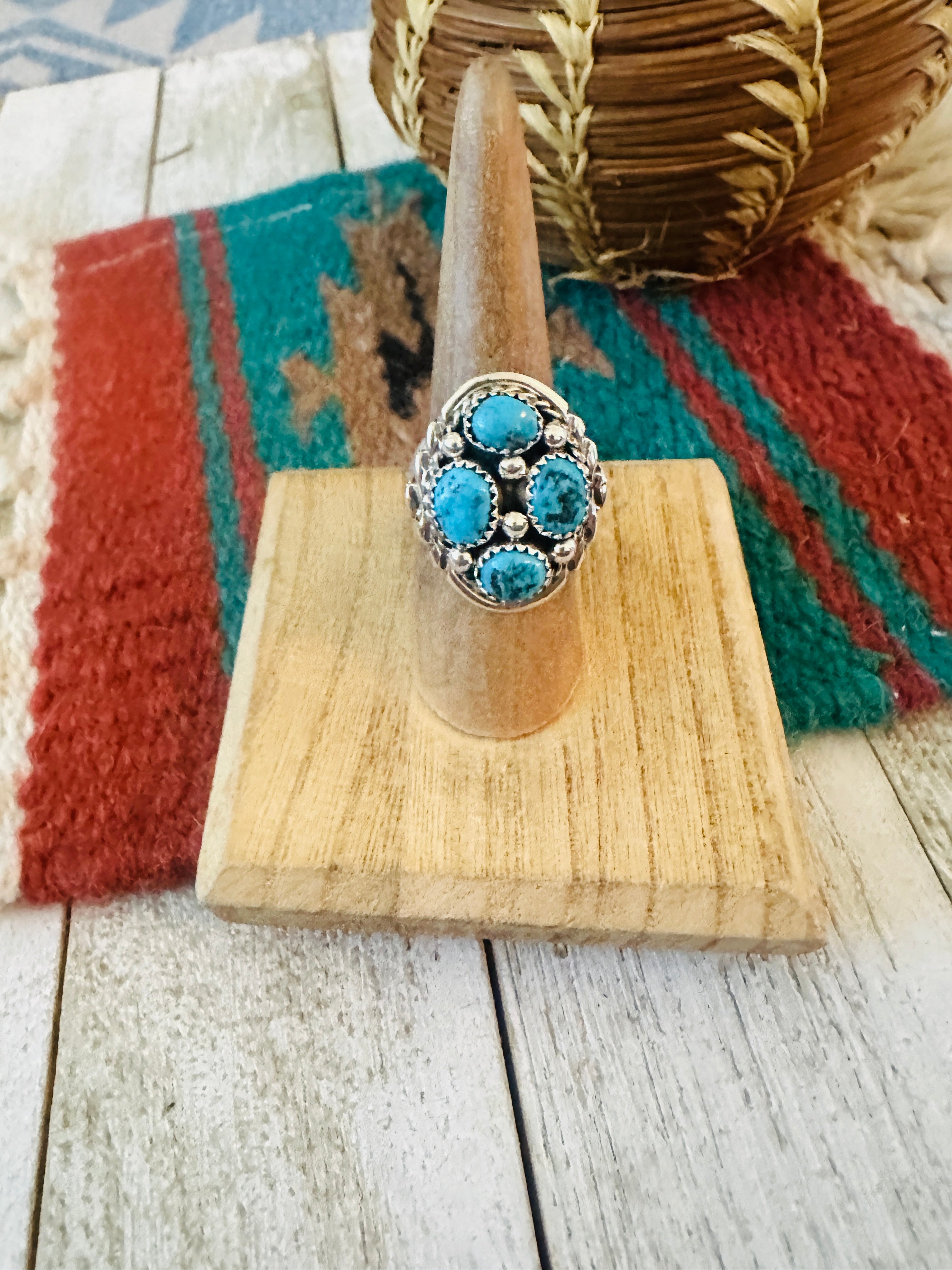 Handcrafted Turquoise & Sterling Silver Cluster Ring Size 7