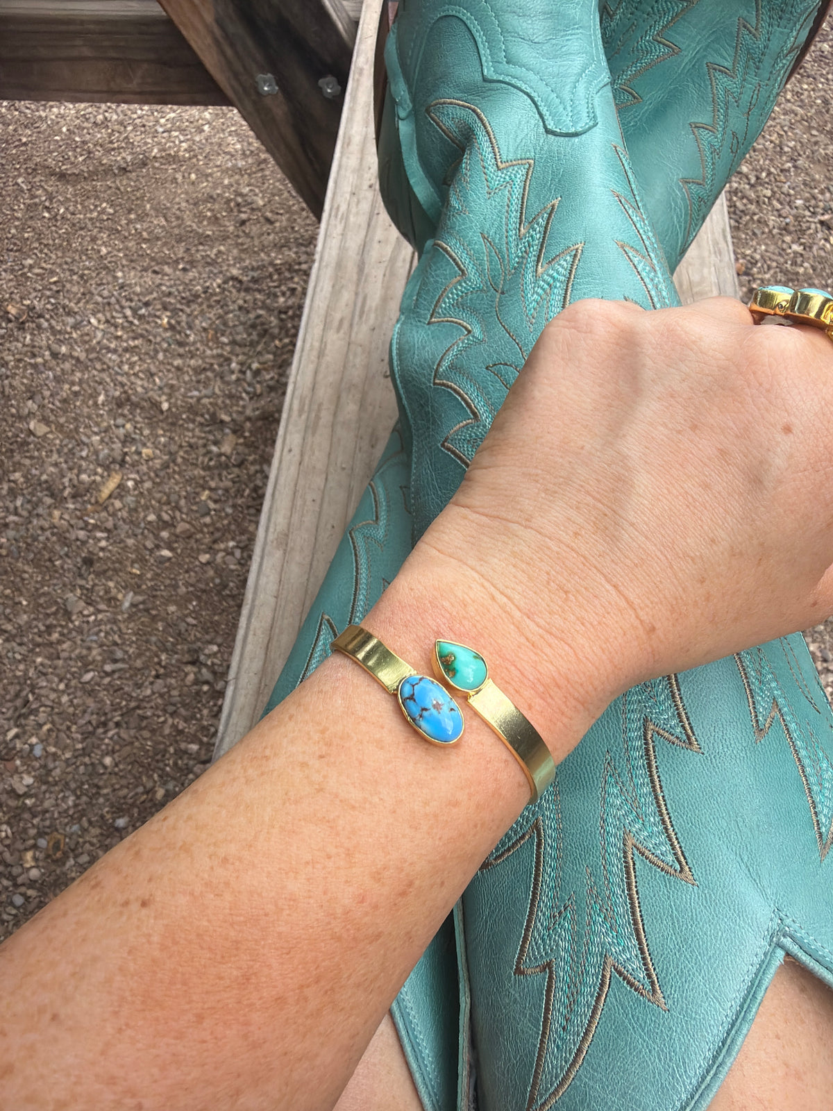 “The Golden Collection” Painted Desert Handmade Natural Sonoran Mountain Turquoise & Golden Hills Gold Plated Adjustable Bracelet Cuff STYLE 3