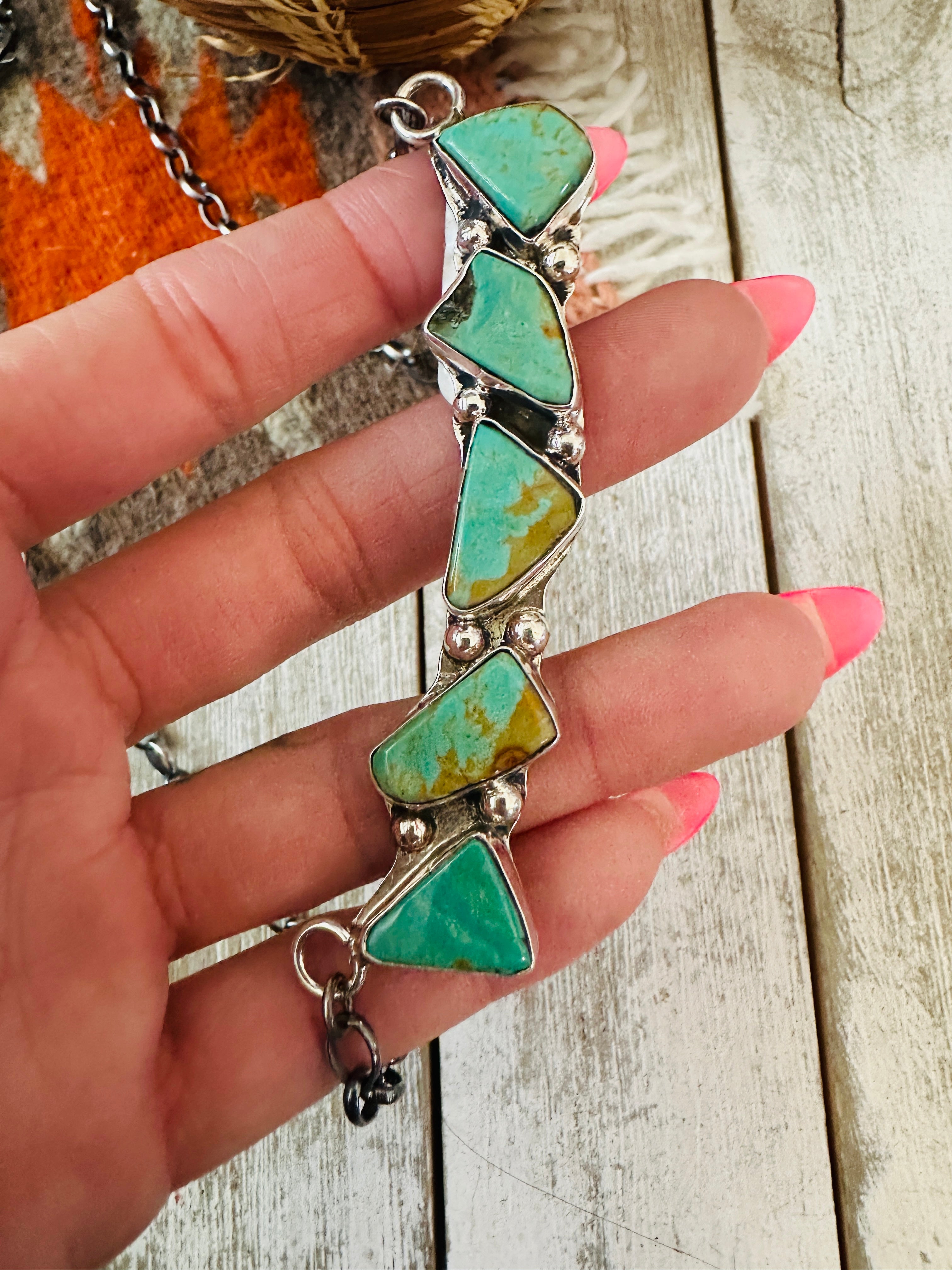 Handcrafted Sterling Silver & Royston Turquoise Bar Necklace by Jude Candelaria