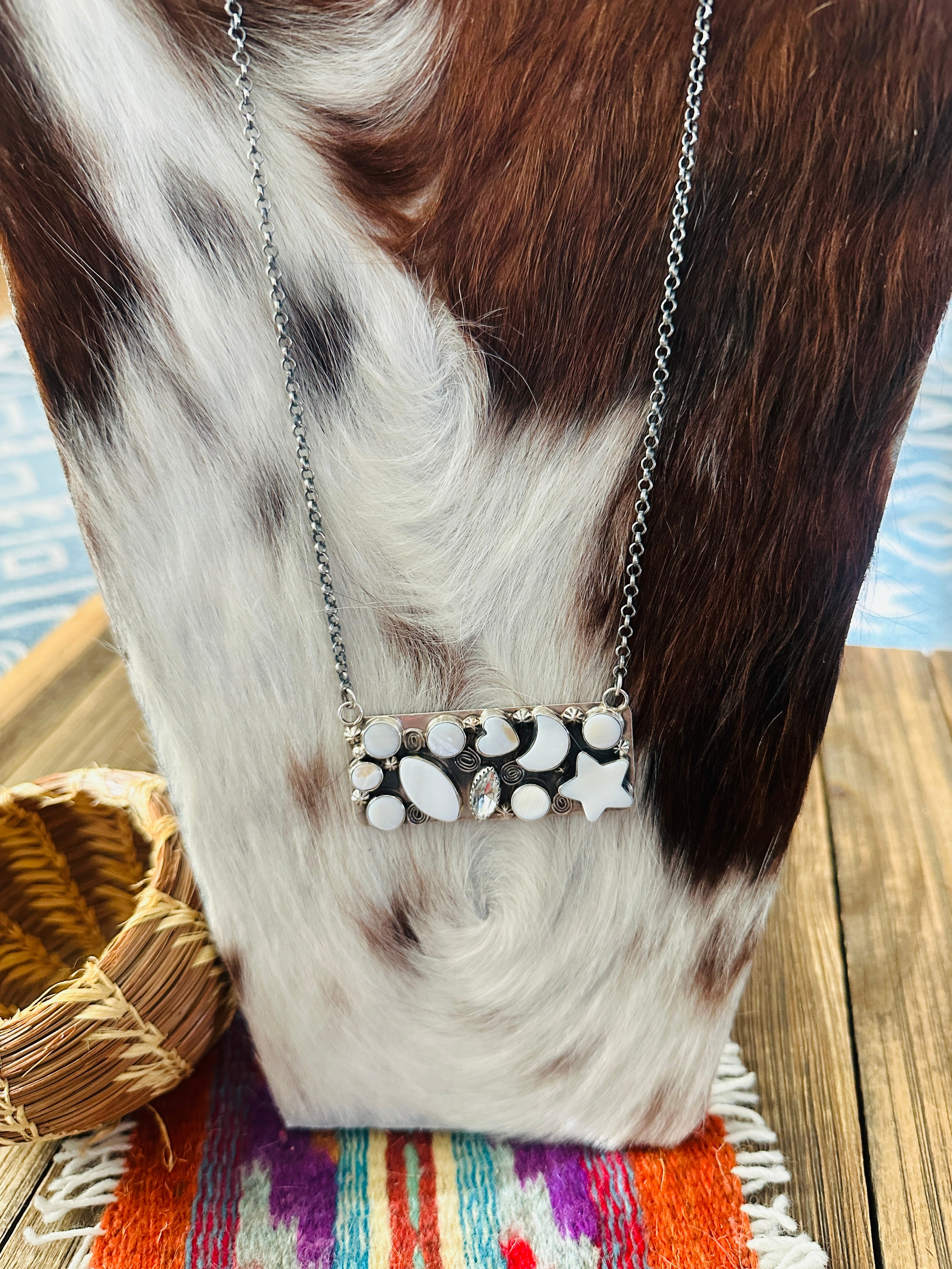 Handcrafted Mother of Pearl, CZ & Sterling Silver Bar Necklace by Jacqueline Silver