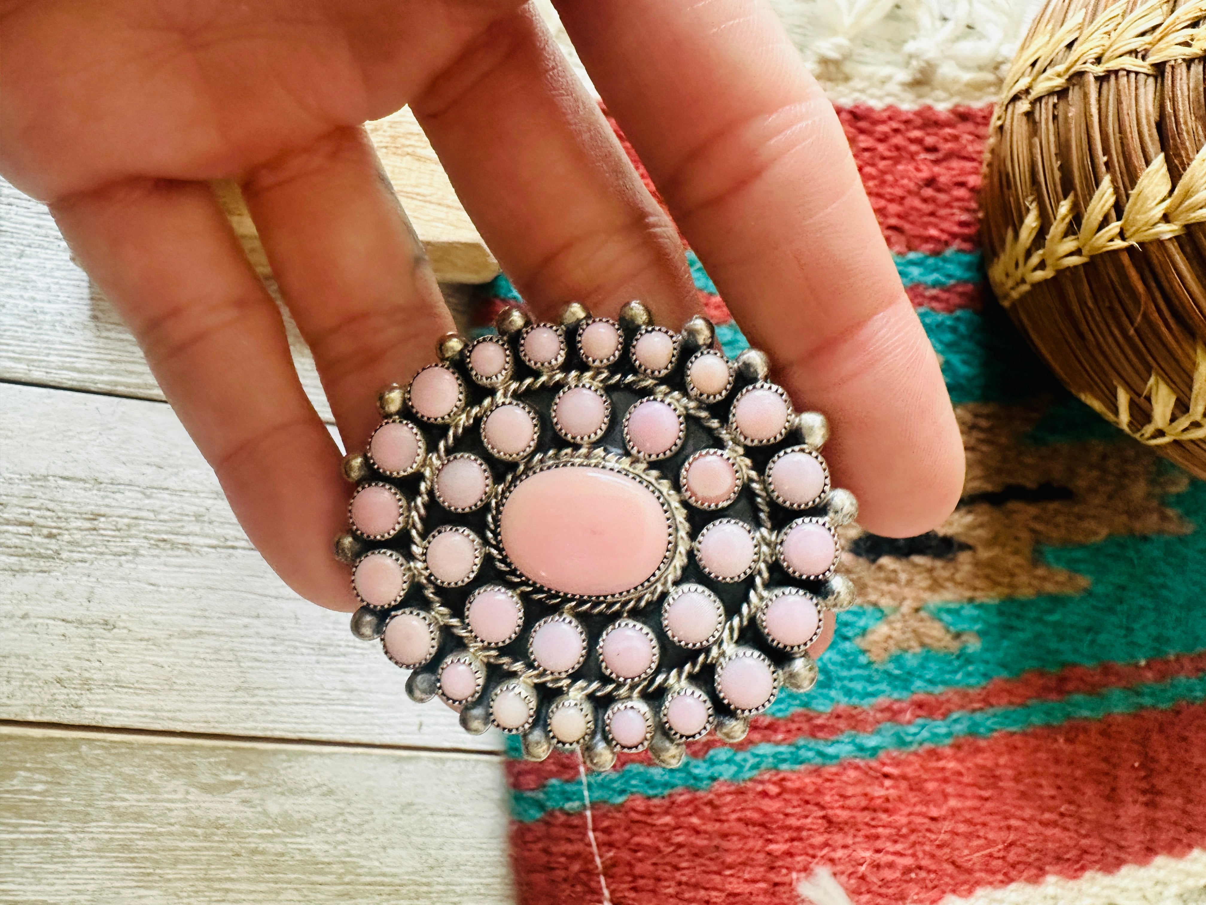 Handcrafted Sterling Silver & Queen Pink Conch Cluster Adjustable Ring