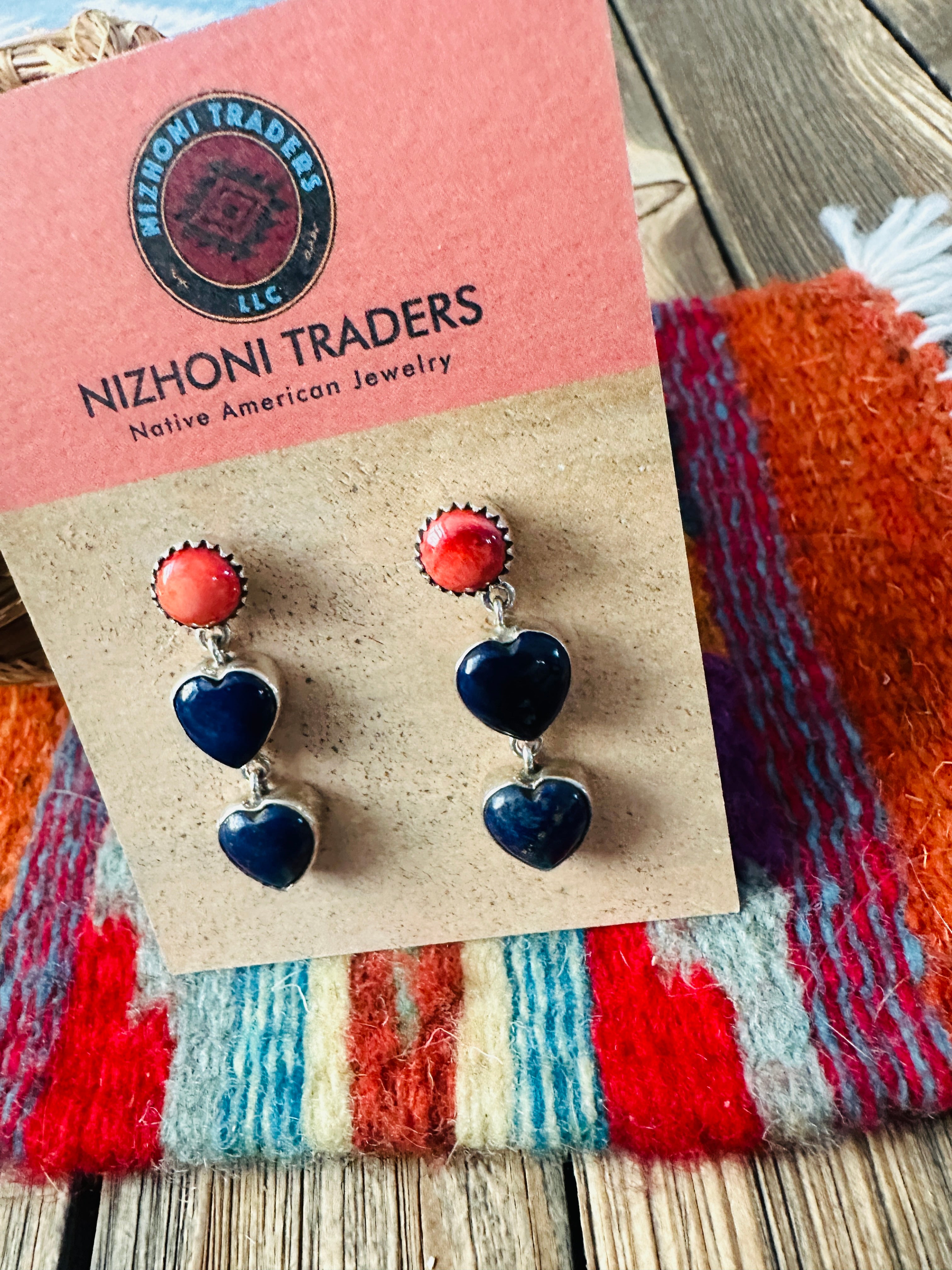 Handcrafted Lapis, Spiny & Sterling Silver Heart Dangle Earrings