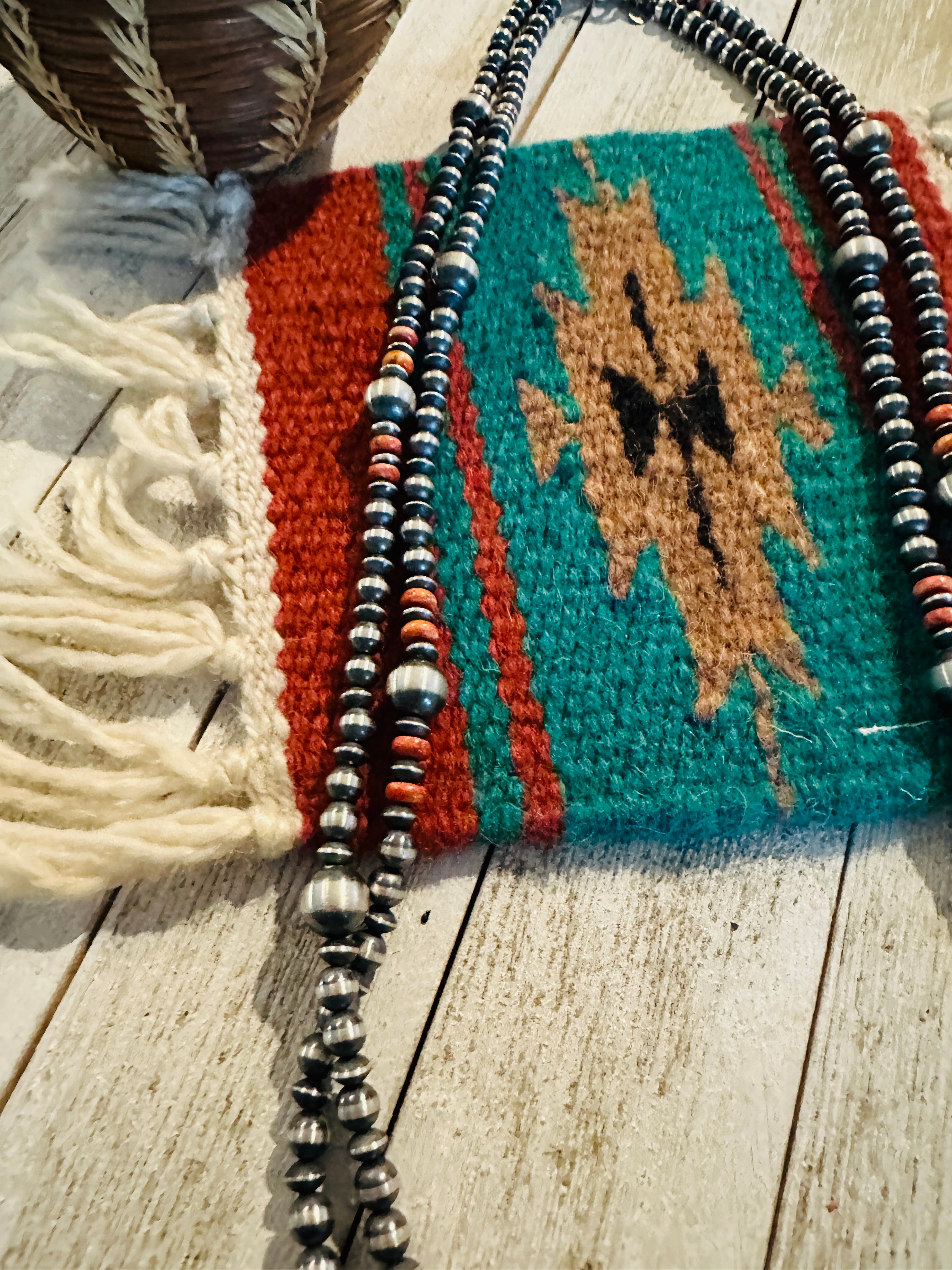 Handcrafted Orange Spiny & Sterling Silver Beaded Necklace 60”