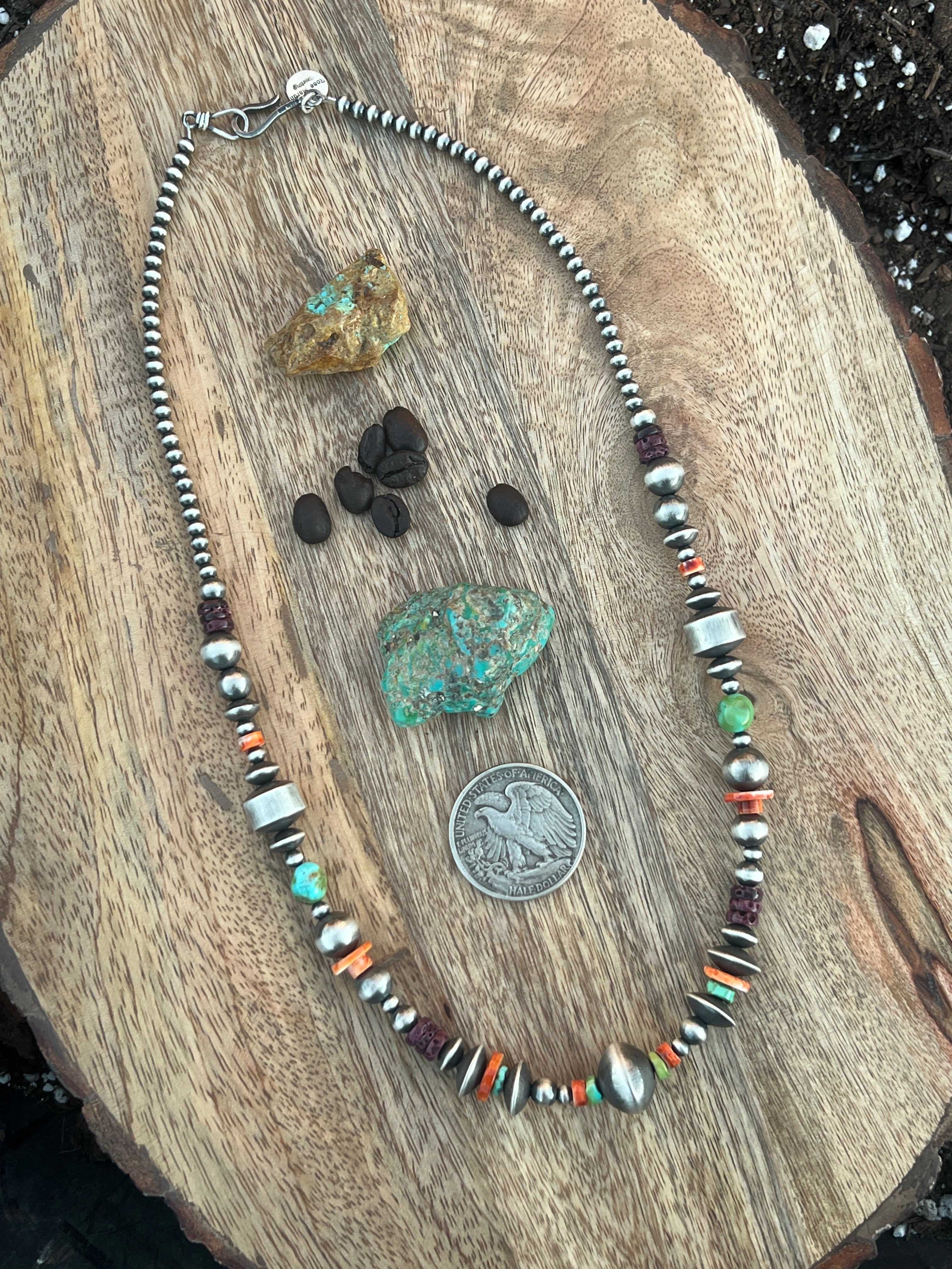 Rose Martin Electric Rainbow Sterling Silver, Turquoise and Spiny Oyster Single Strand Beaded Necklace, 22 inches