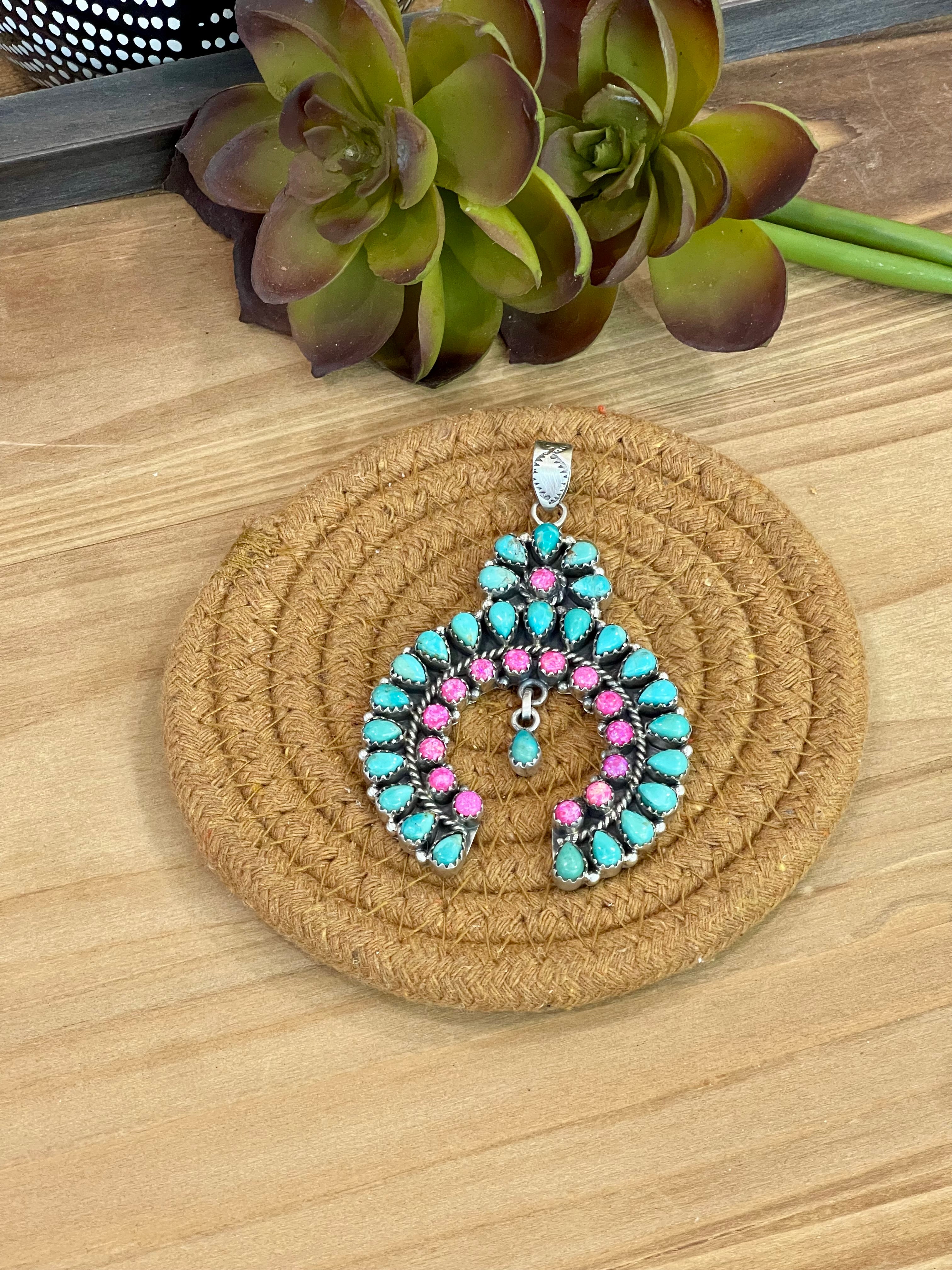 Handmade Sterling Silver , Turquoise & Pink Fire Opal Cluster Naja Pendant