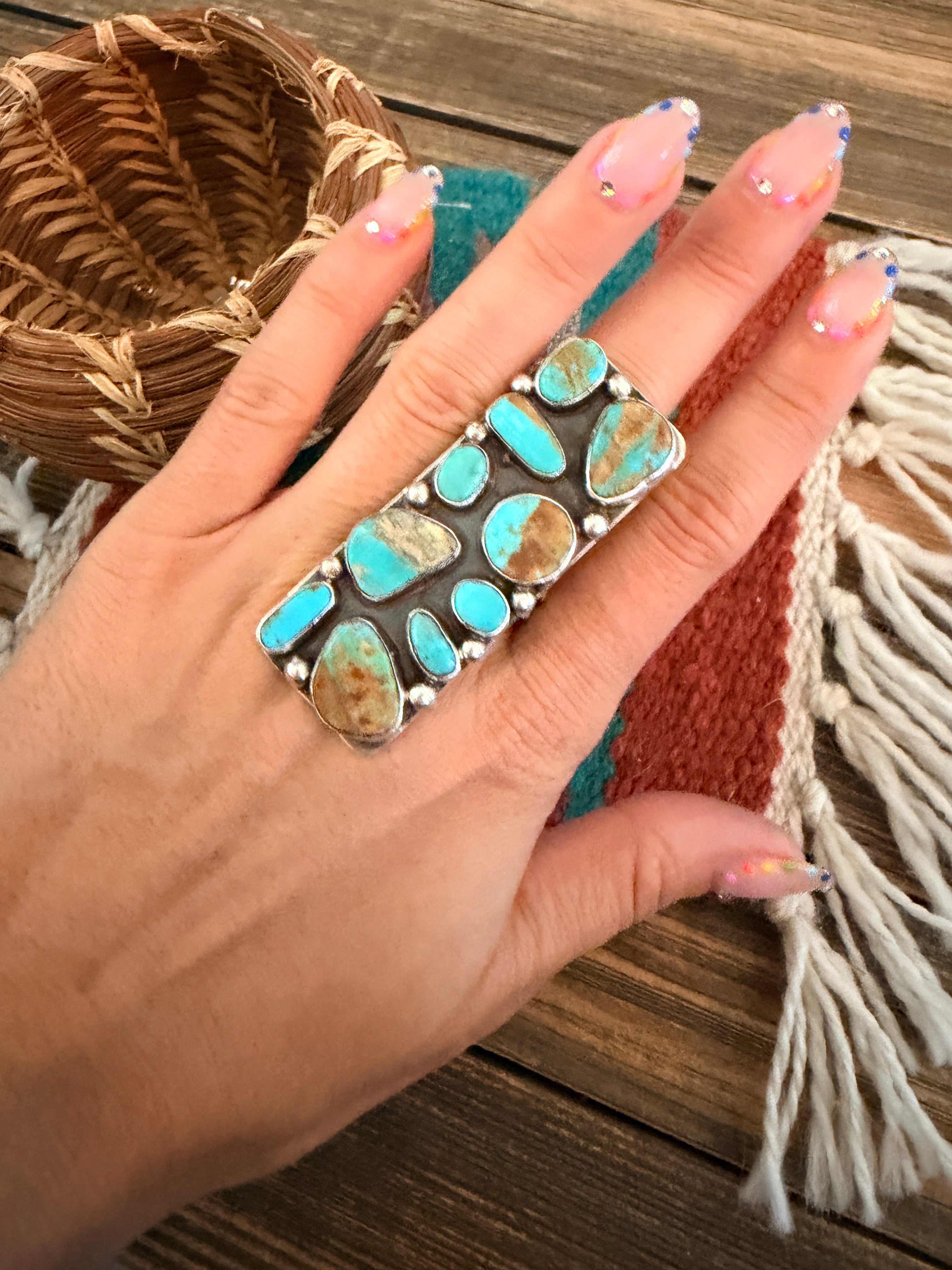 Handcrafted Royston Turquoise Sterling Silver Cluster Adjustable Ring by Jacqueline Silver