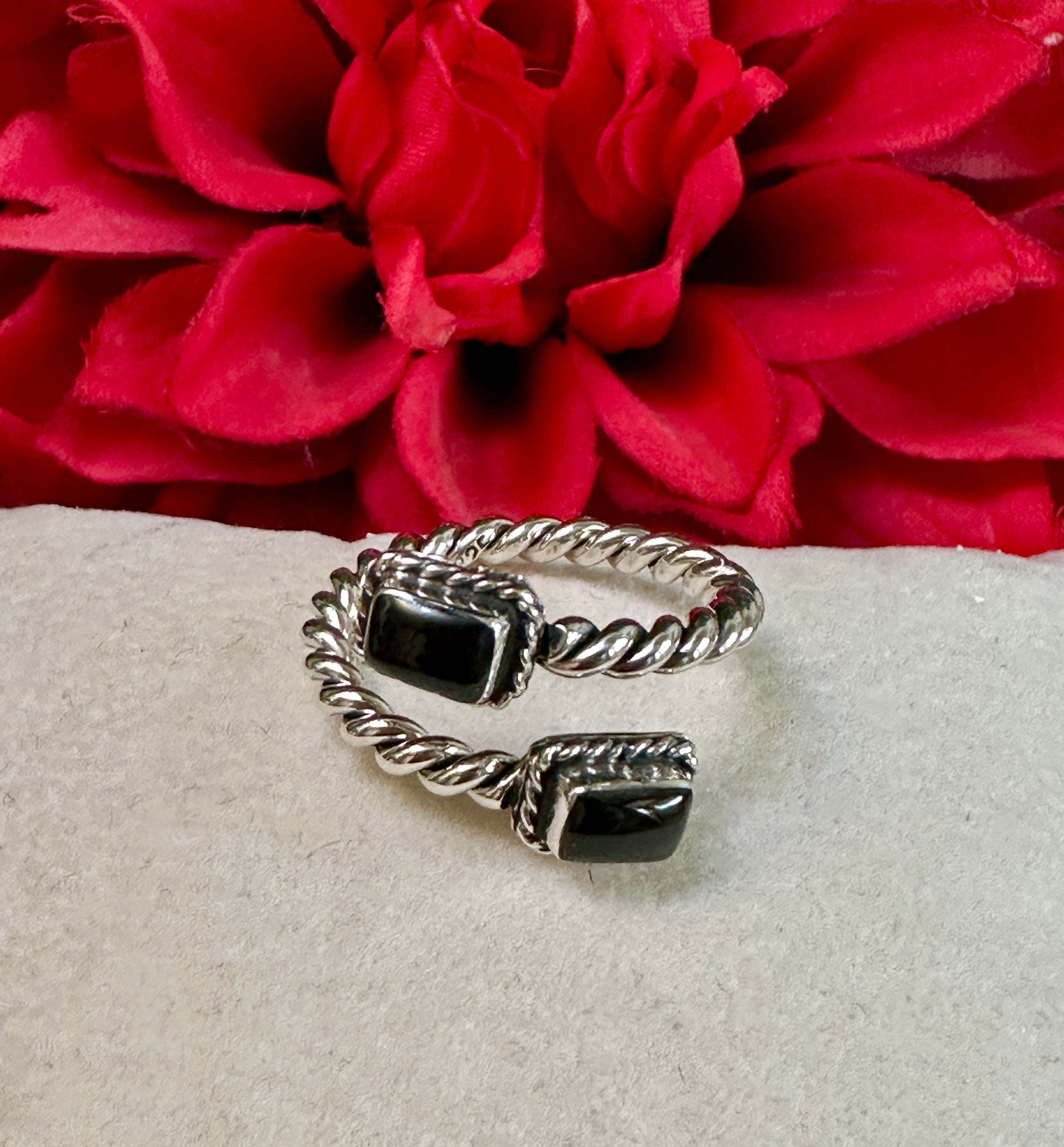 Black Onyx 2 Stone & Sterling Silver Adjustable Ring