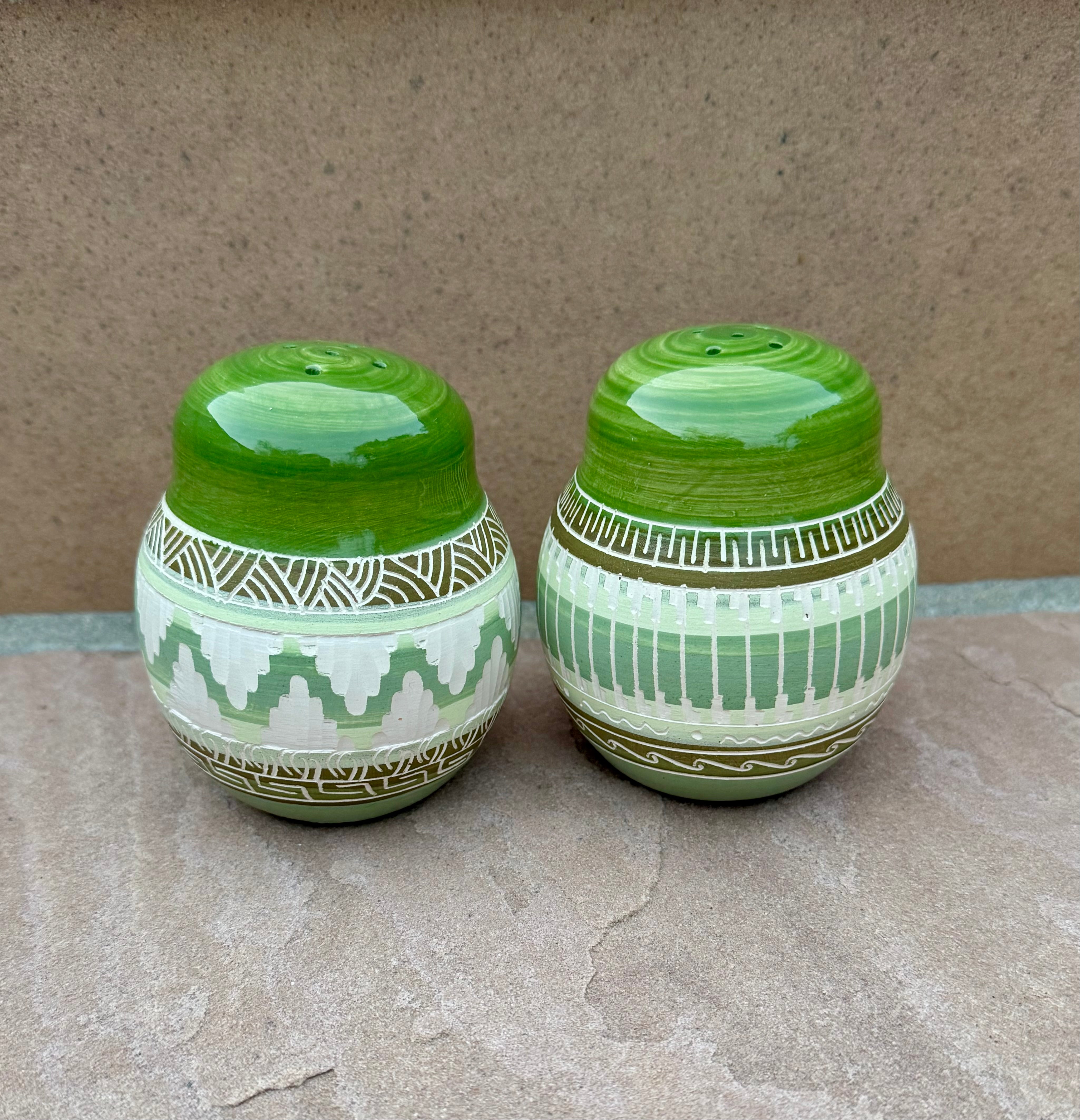 Handcrafted Green Salt & Pepper Shakers “Cassandra King”