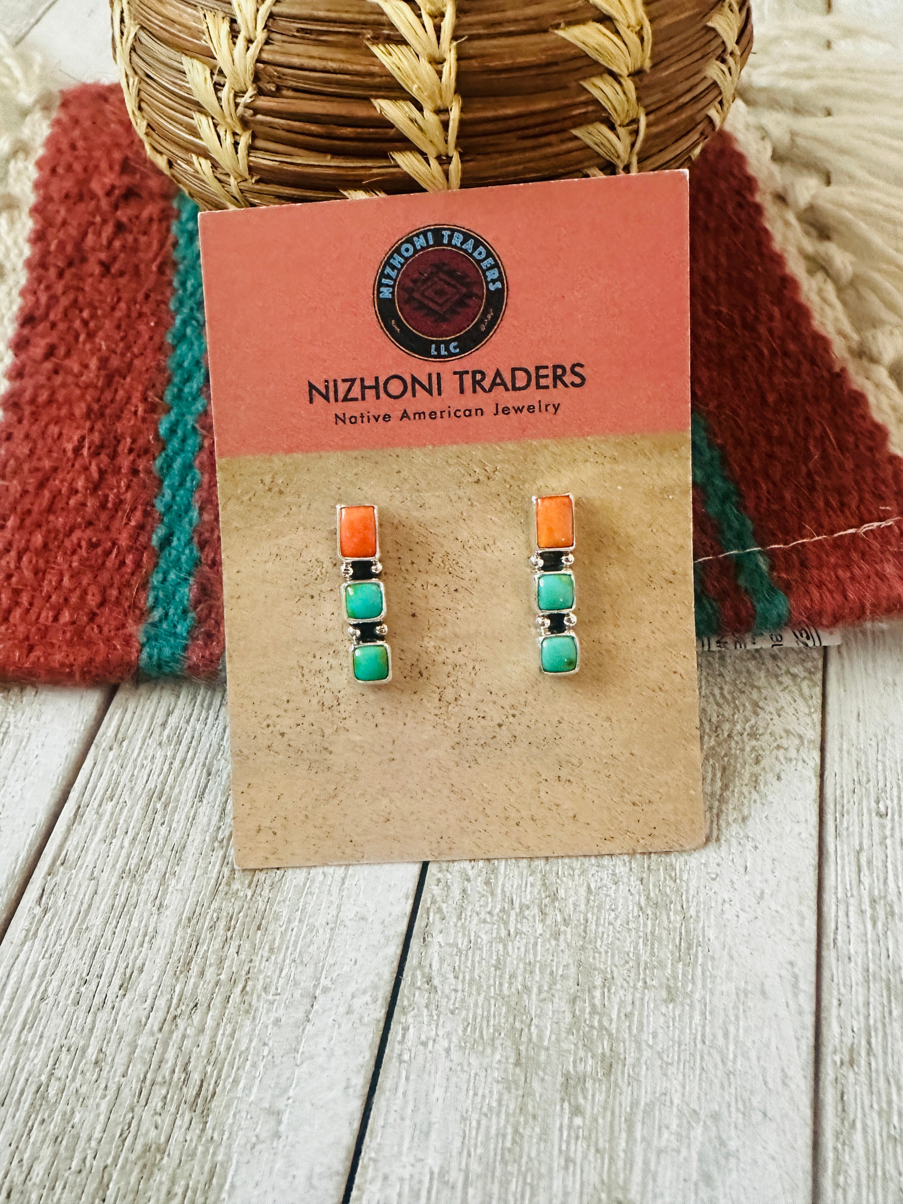 Handcrafted Sterling Silver, Spiny Oyster & Turquoise Post Earrings