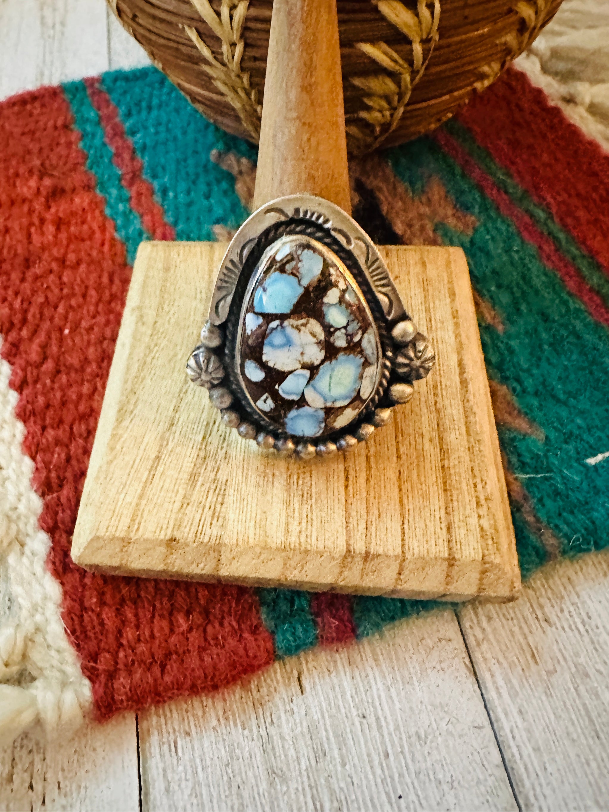 •GOLDEN HILL TURQUOISE - 3• Navajo silver double stone ring (size 6.5) main image 1