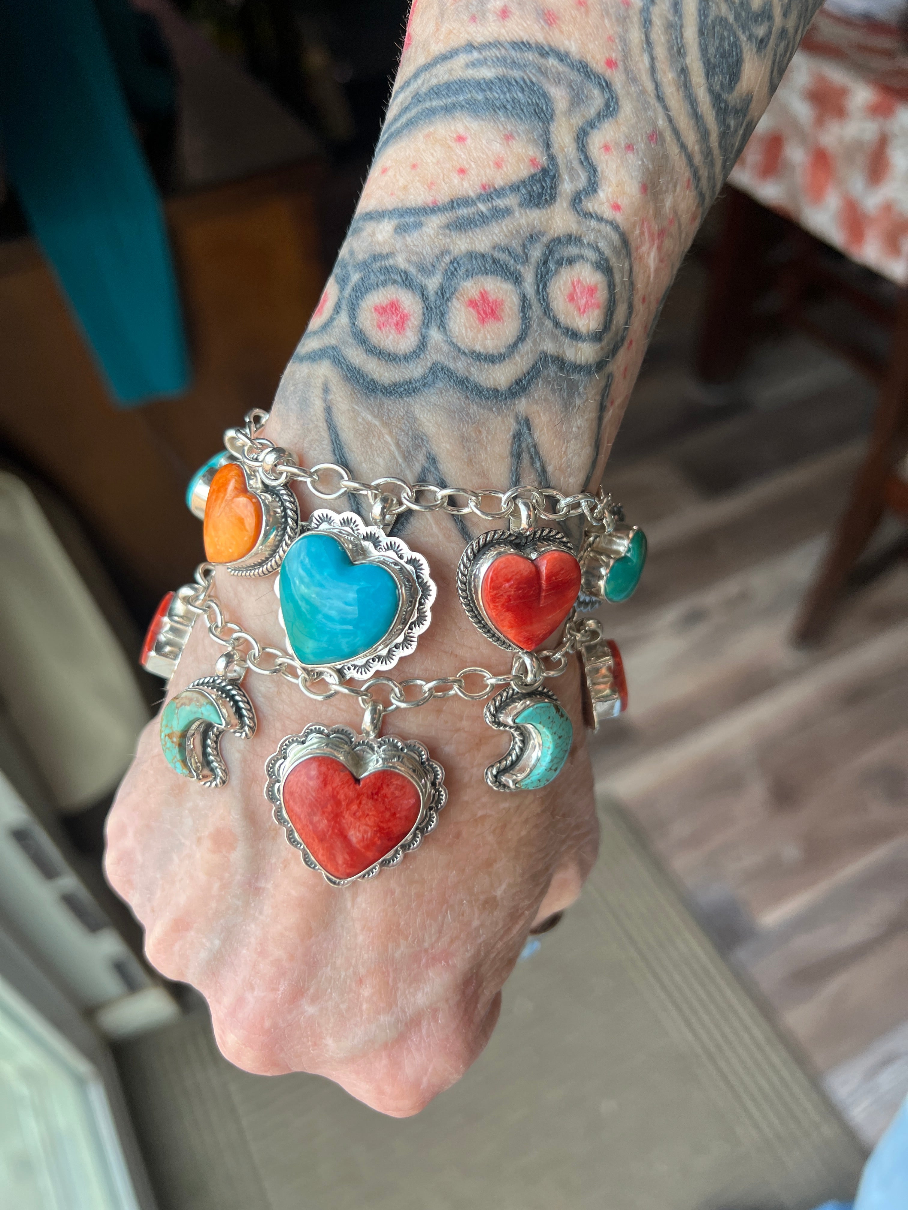 Murphy Platero Handcrafted Sterling Silver, Turquoise and Spiny Oyster Heart Charm Bracelets