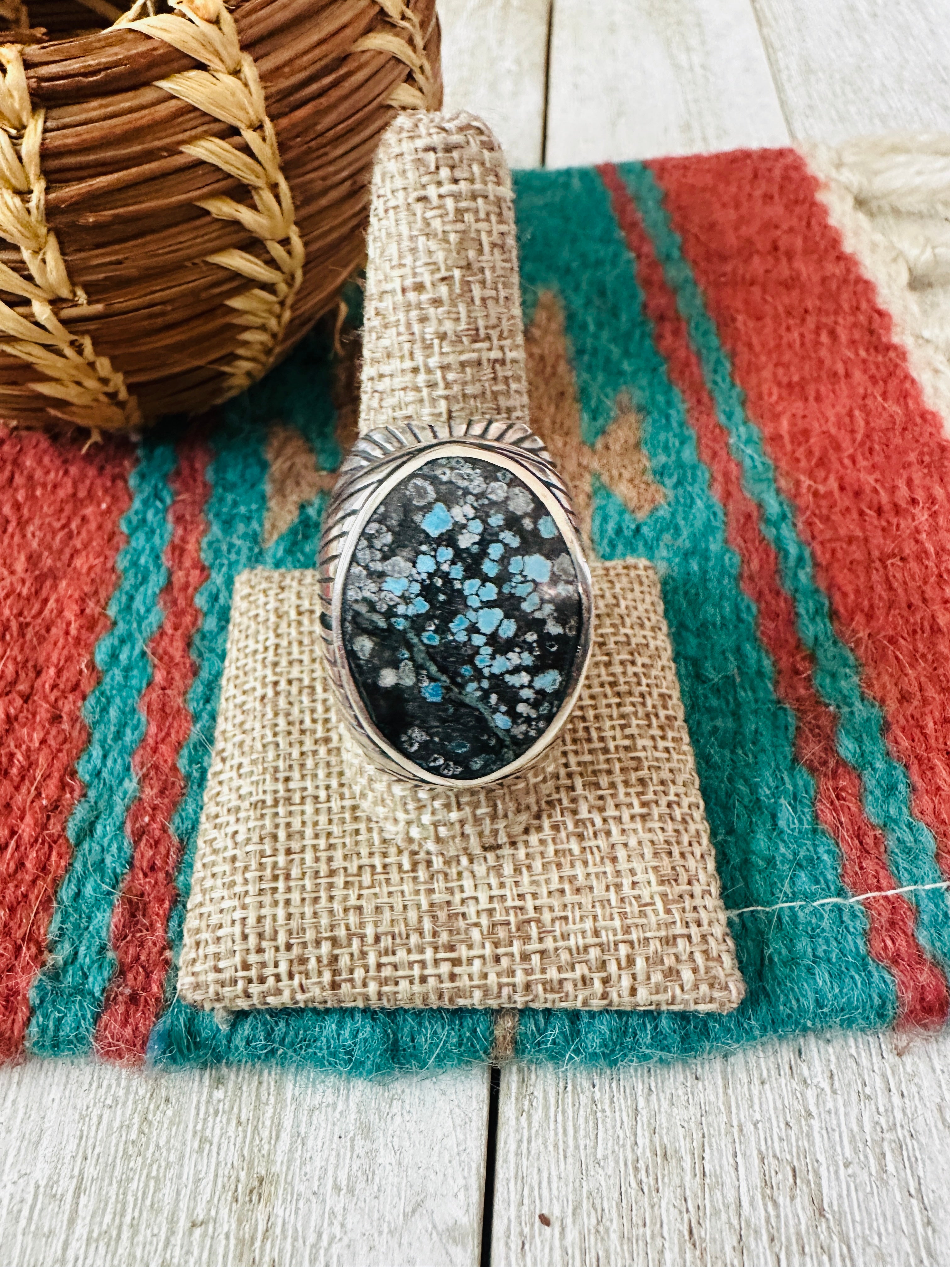 Old Pawn Navajo Sterling Silver & Kingman Web Turquoise Men’s Ring Size 10