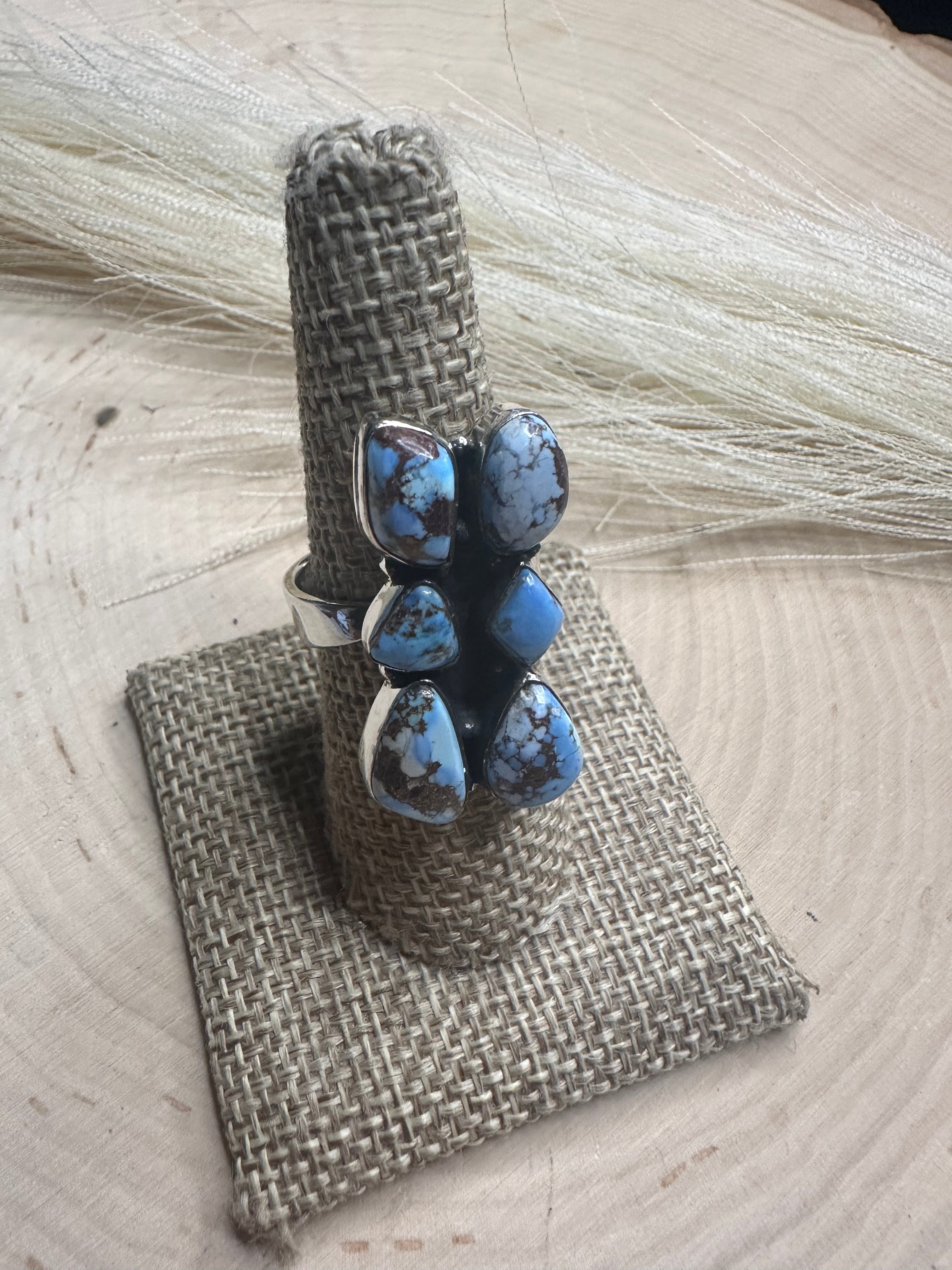 Beautiful Handmade Golden Hills Turquoise And Sterling Silver Adjustable 6 Stone Ring