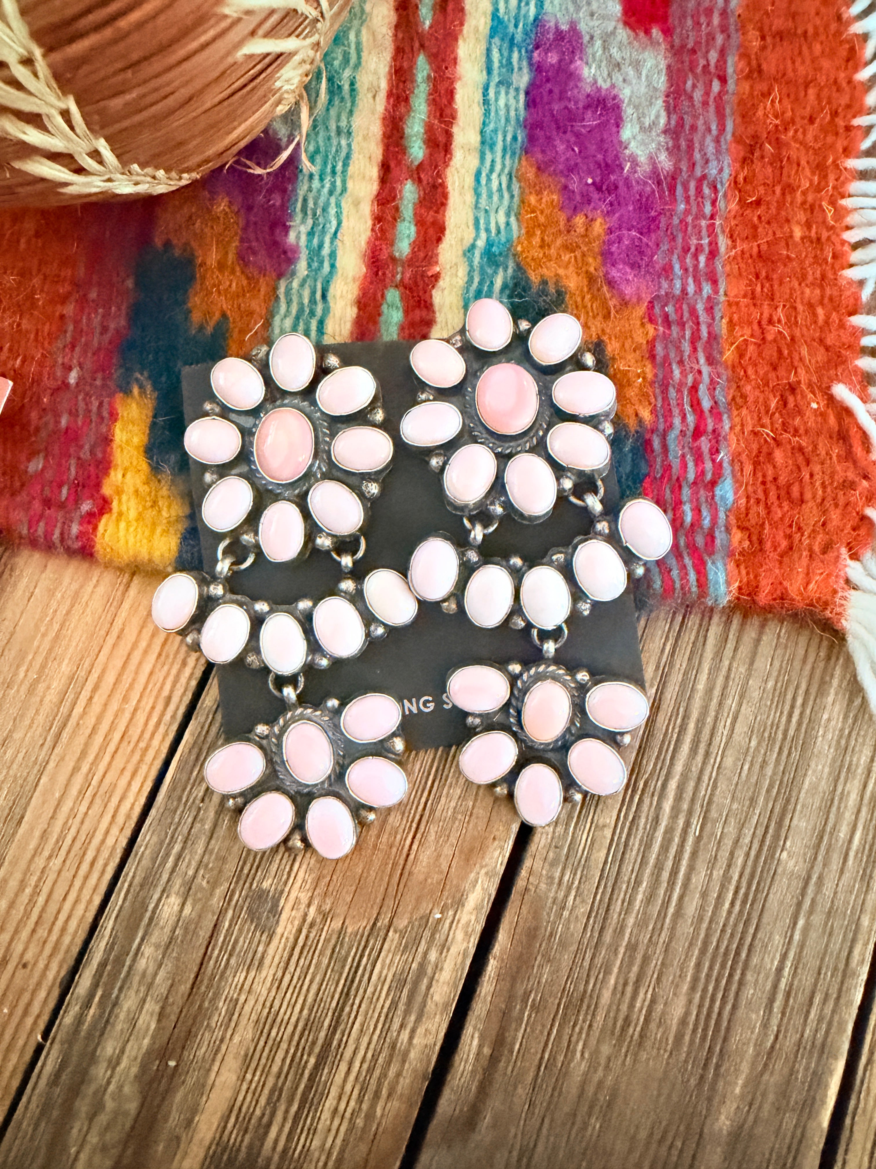 Handcrafted Queen Pink Conch & Sterling Silver Cluster Dangle Earrings