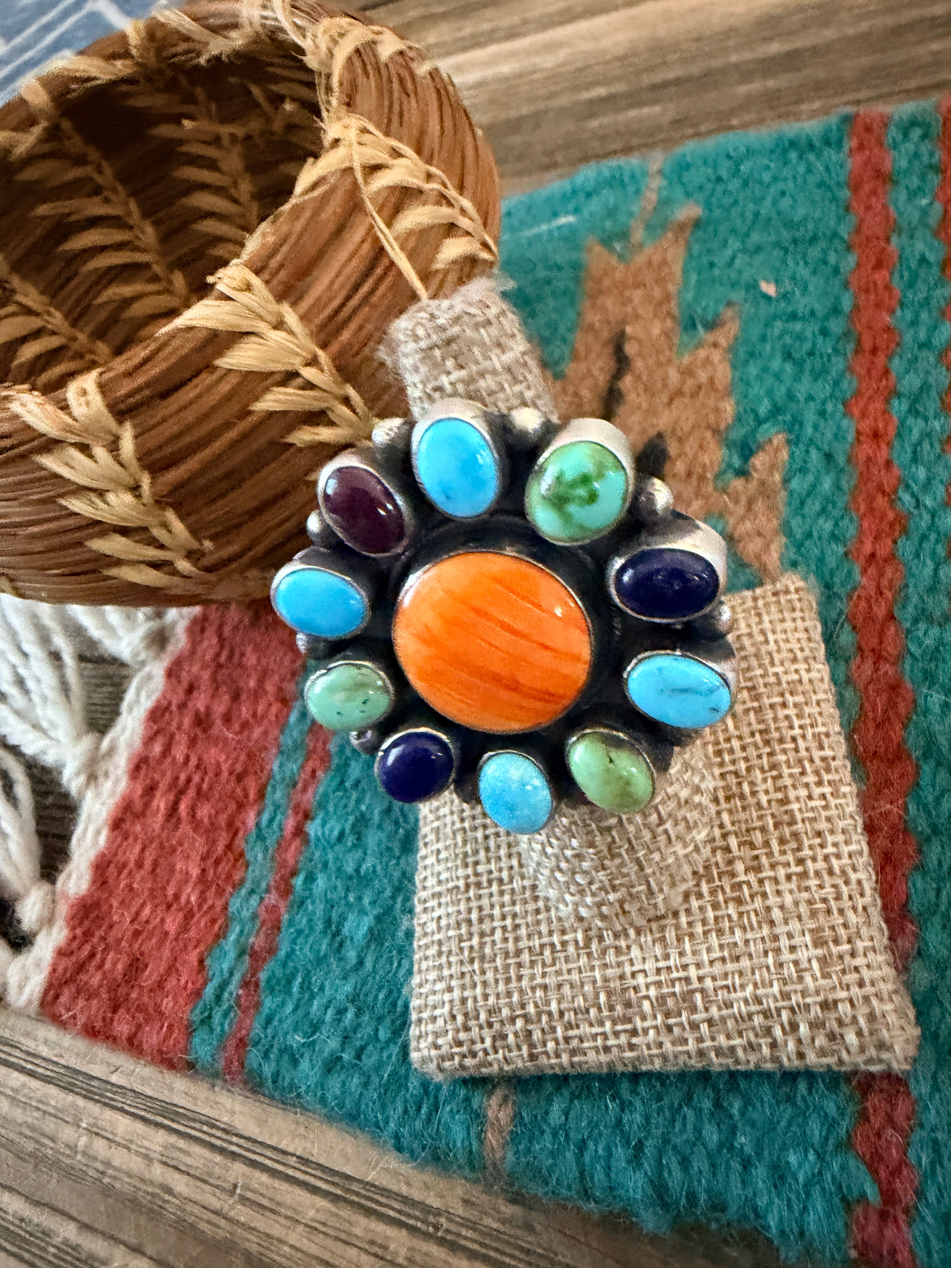 Handcrafted Multi Stone & Sterling Silver Cluster Adjustable Ring by Sheila Becenti