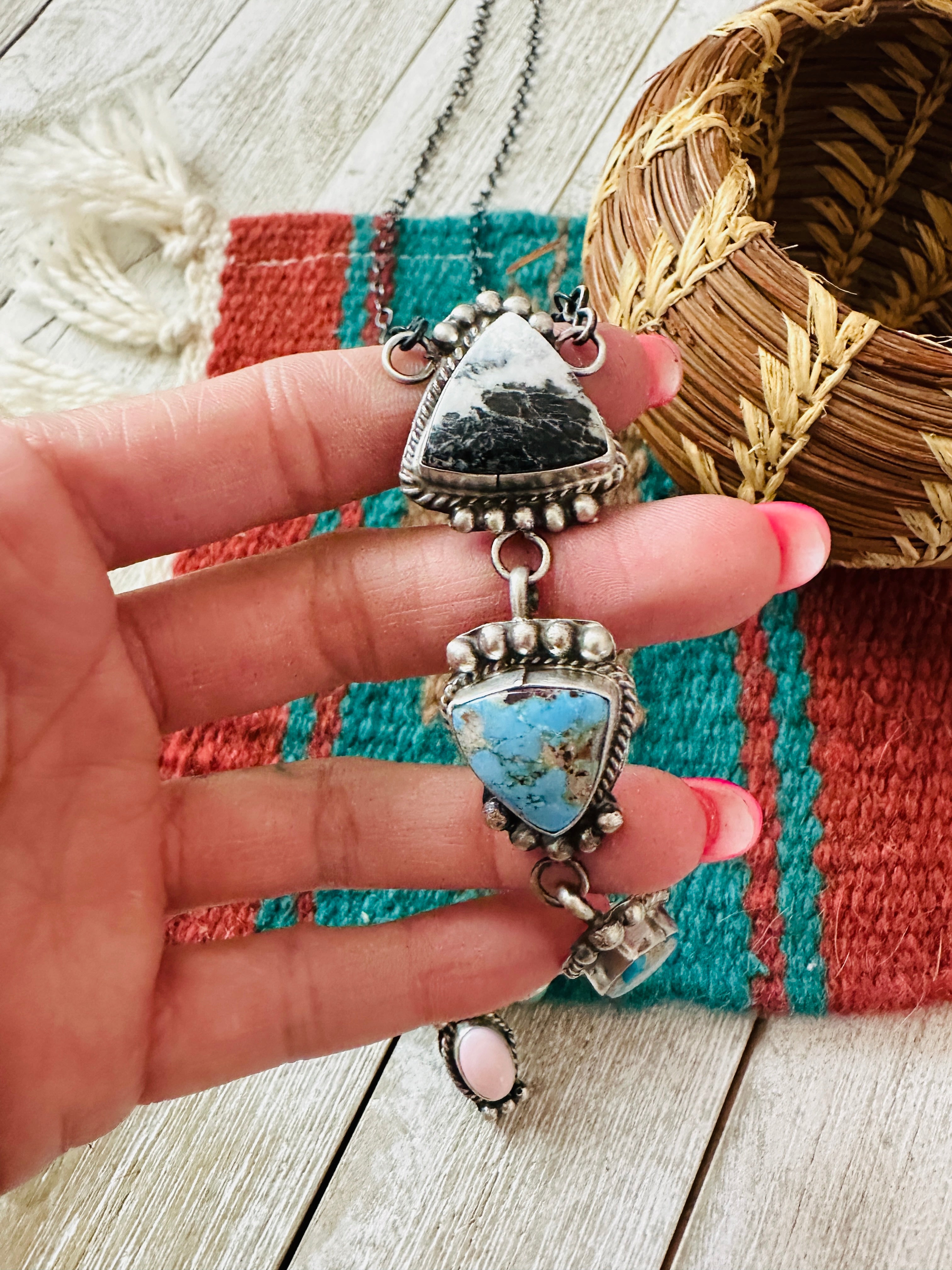 Handcrafted Sterling Silver & Multi Stone Lariat Necklace