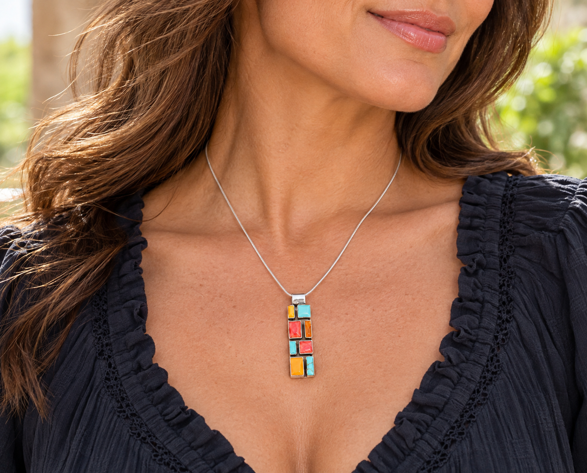 Multistone Slim Mosaic Sterling Silver Pendant Necklace