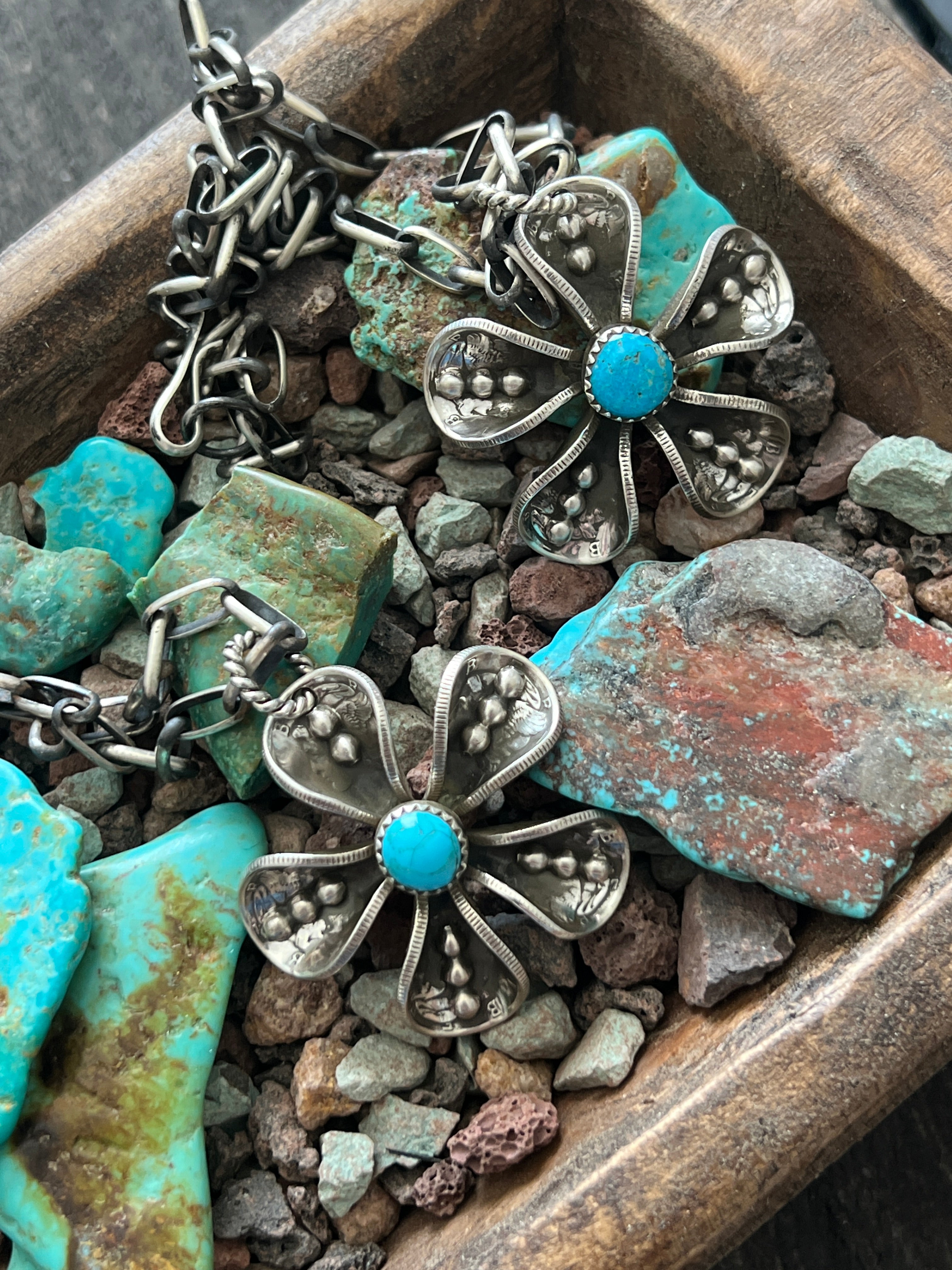 Handcrafted Sterling and Coin Silver Mercury Dime Flower Pendant with Turquoise on Handmade Chain by James Begay