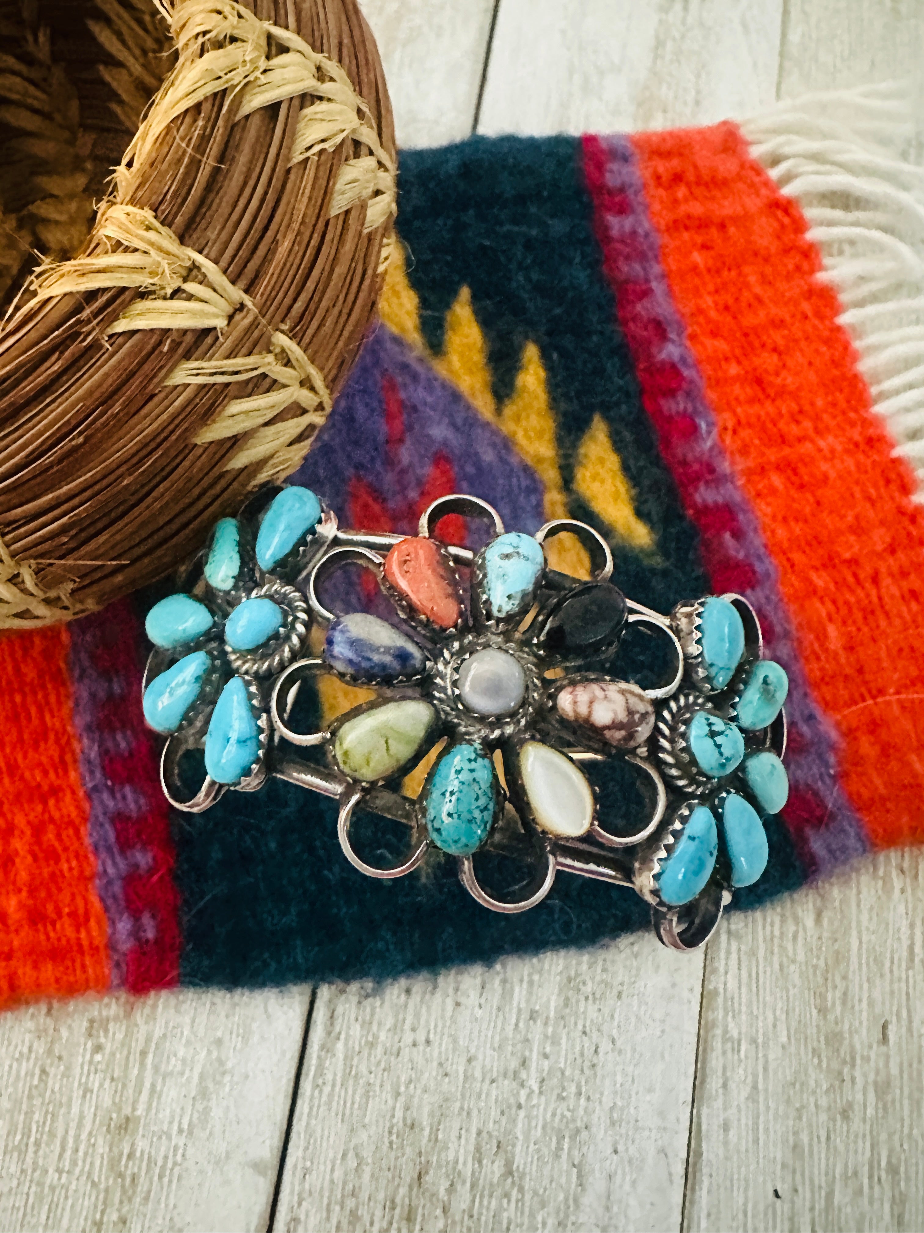 Handcrafted Multi Stone & Sterling Silver Flower Cuff Bracelet