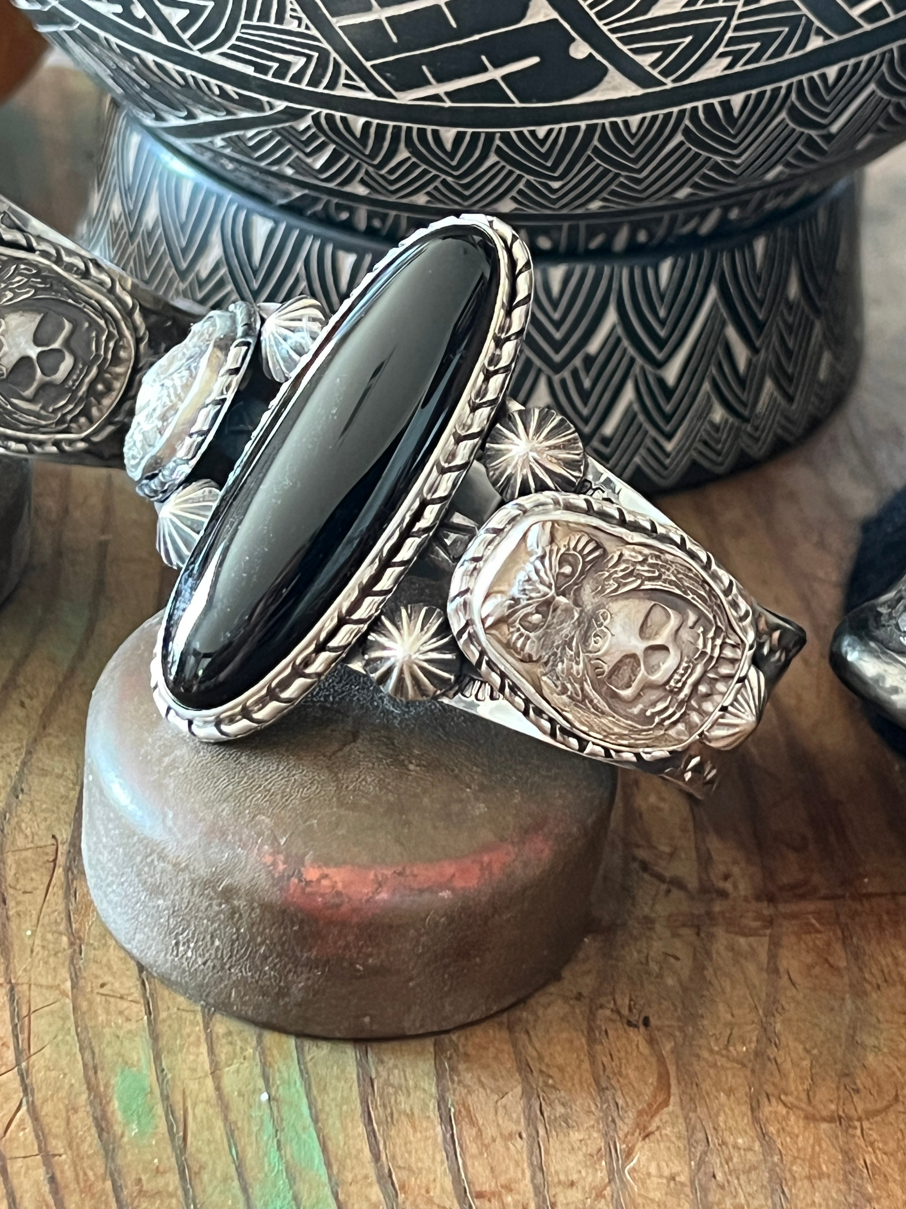 Sterling Silver Handcrafted Cuff Bracelet with Onyx, Owl and Skull Detail, Taller Stone