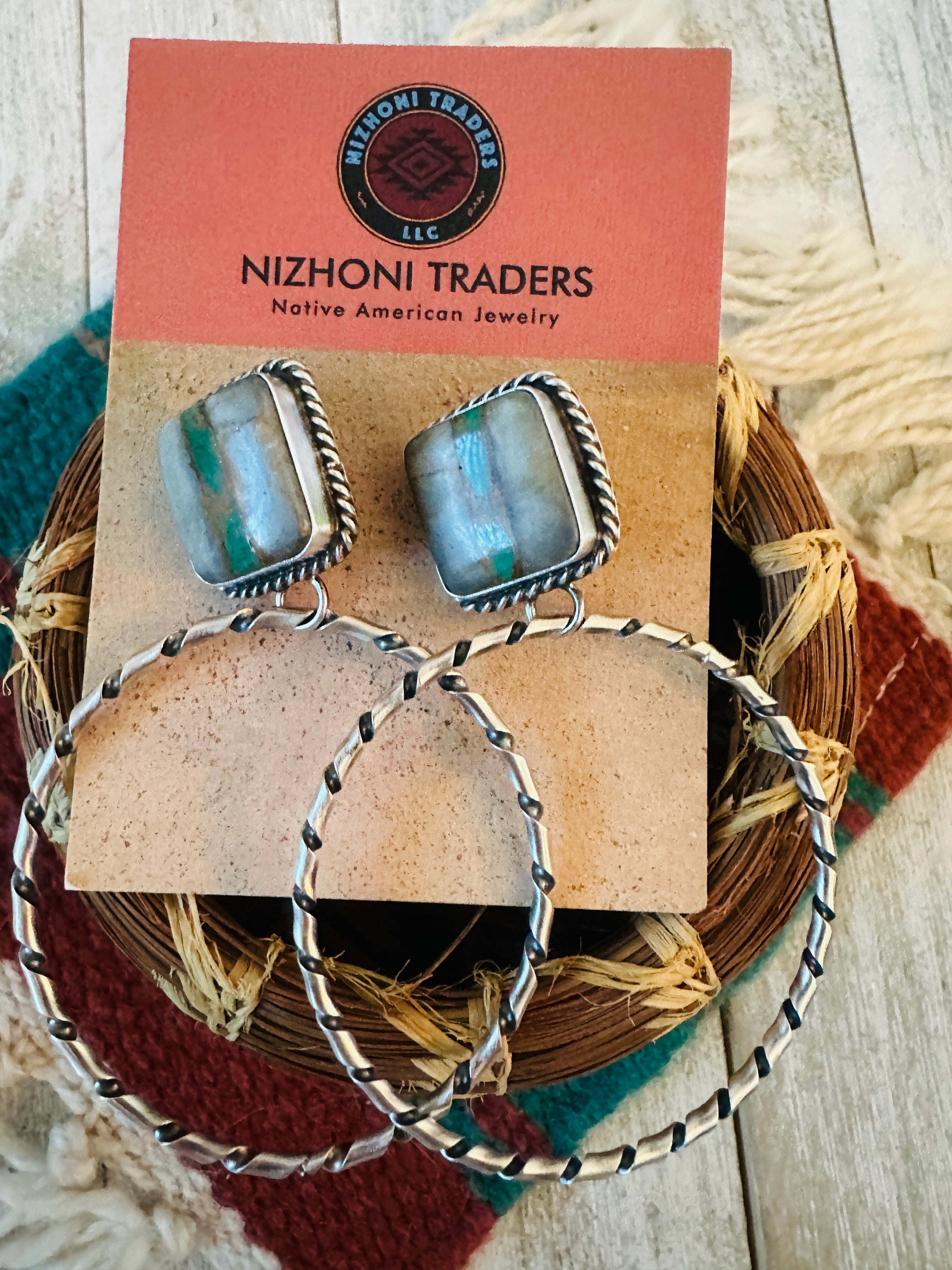Navajo Ribbon Turquoise and Sterling Silver Dangle Hoop Earrings