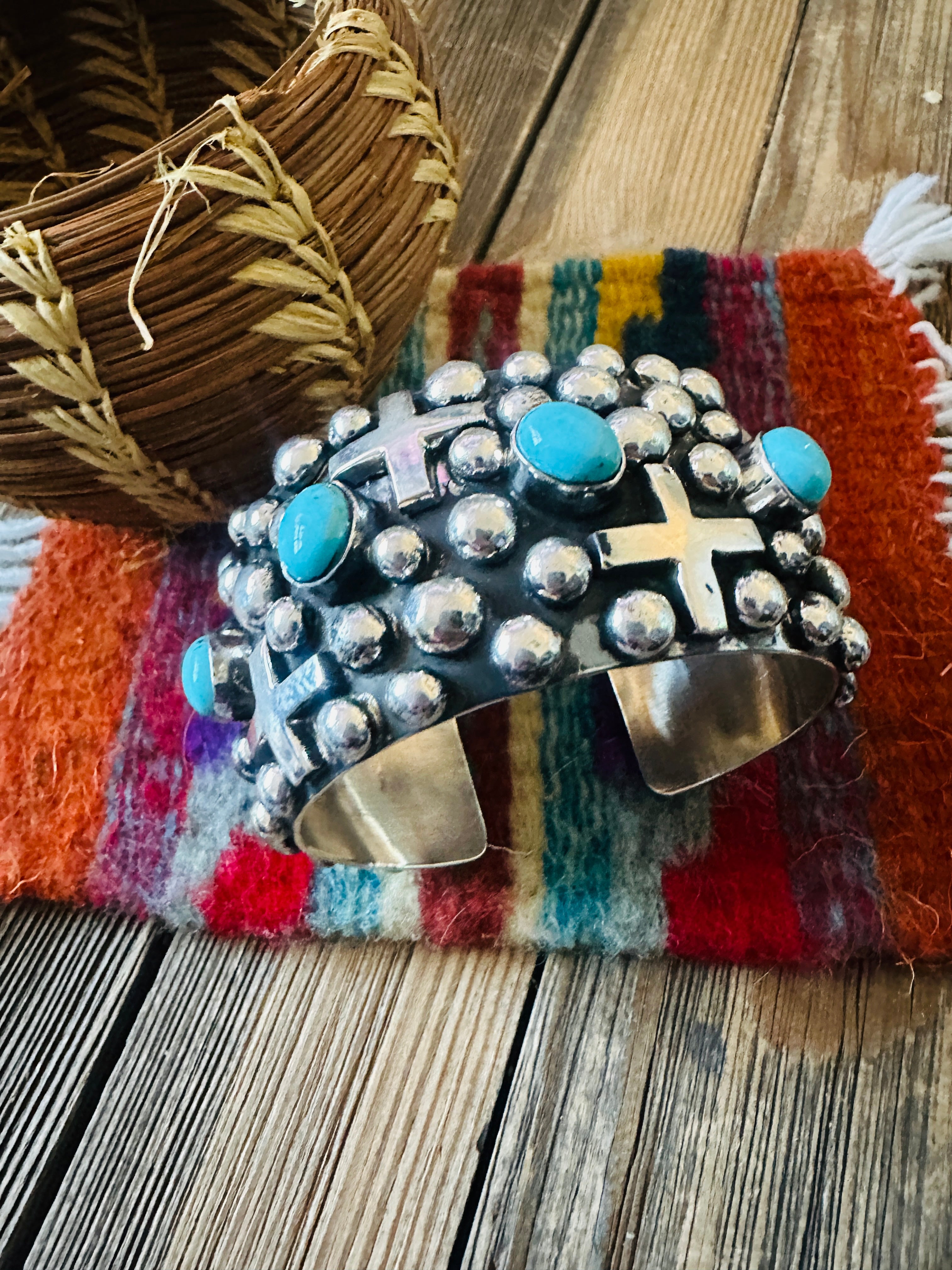 Handcrafted Turquoise & Sterling Silver Cross Cuff Bracelet By Chimney Butte