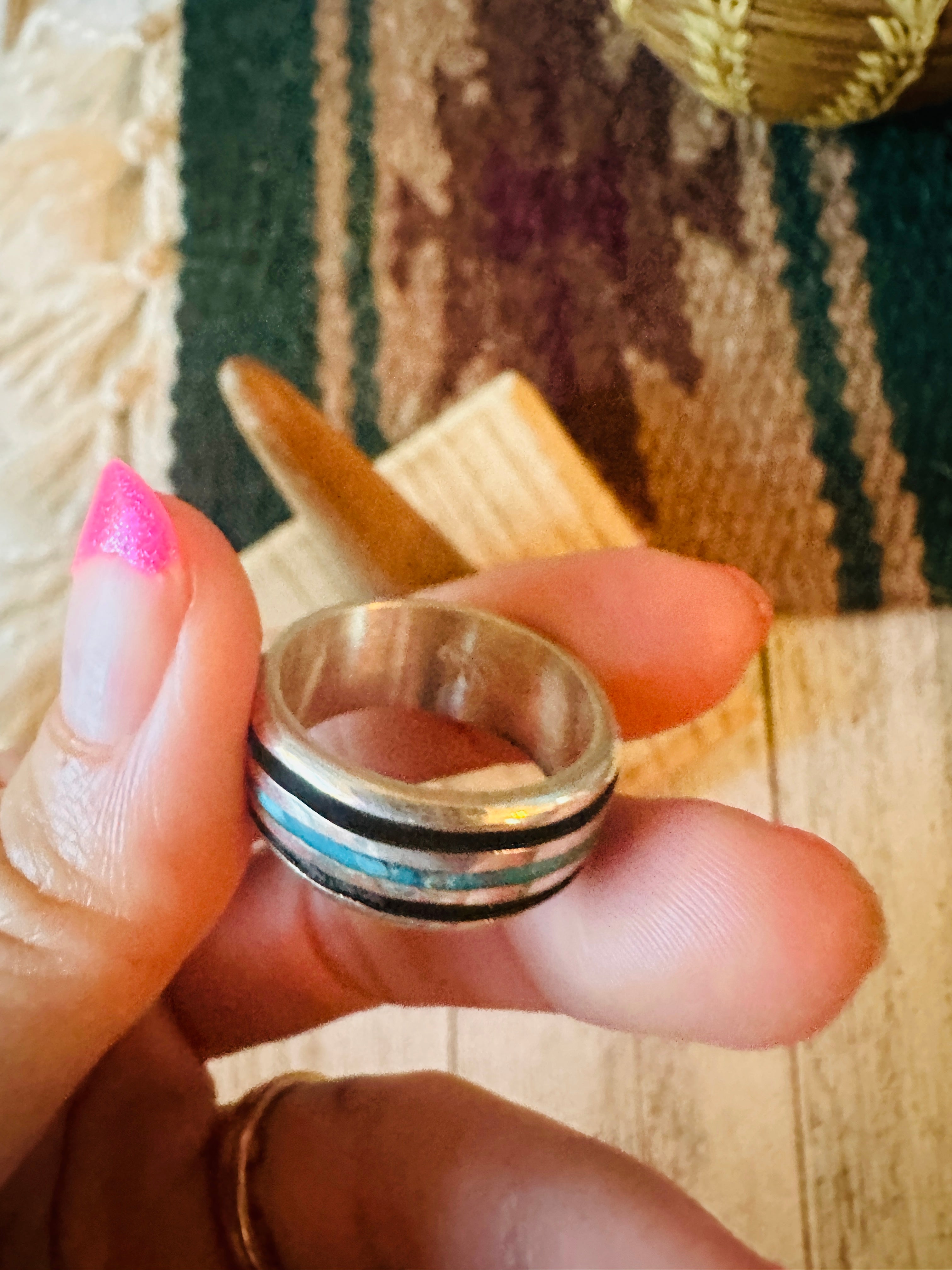 Handcrafted Sterling Silver & Turquoise Inlay Band Ring