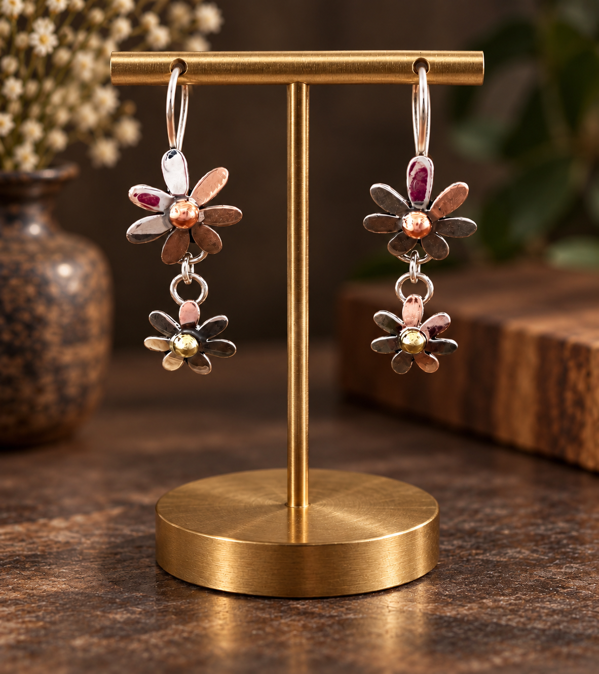 Sterling Silver & Copper Double Daisy Dangle Earrings