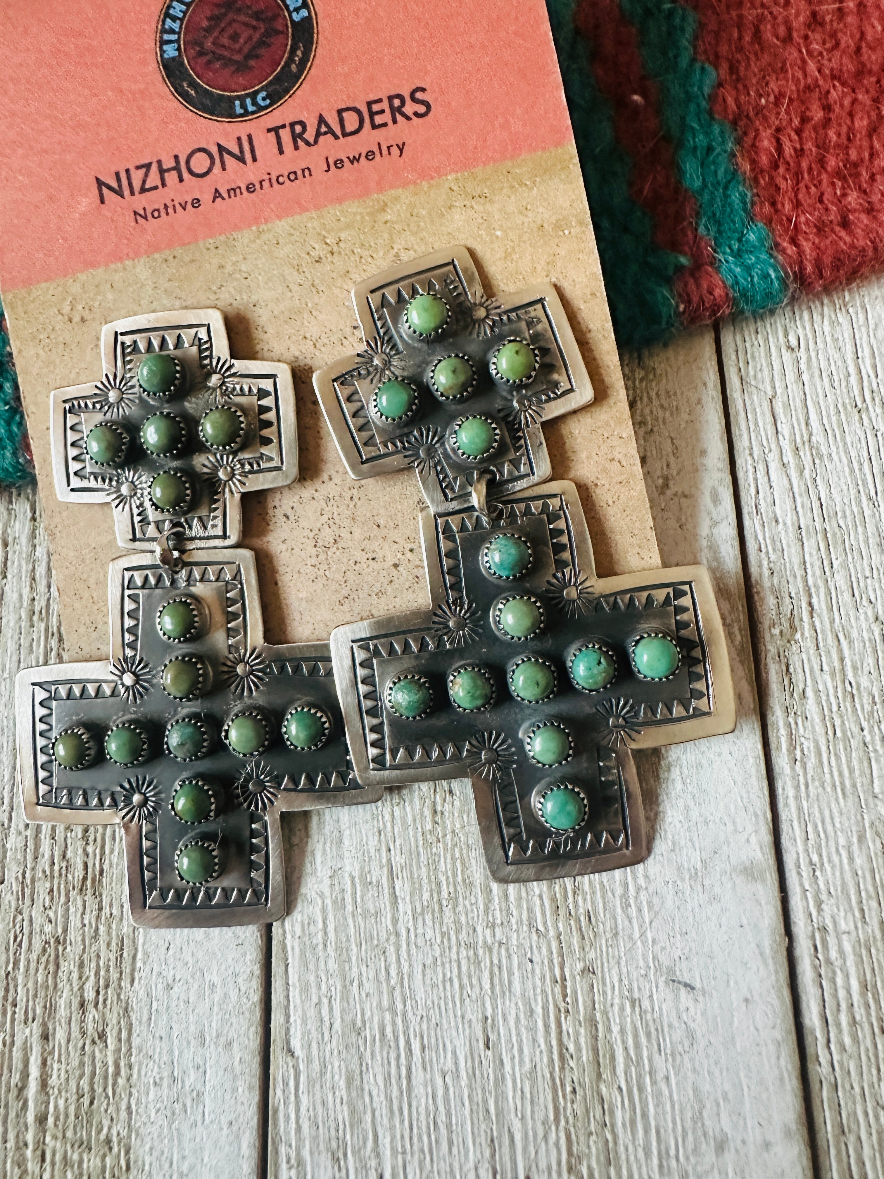 Handcrafted Turquoise & Sterling Silver Cross Dangle Earrings