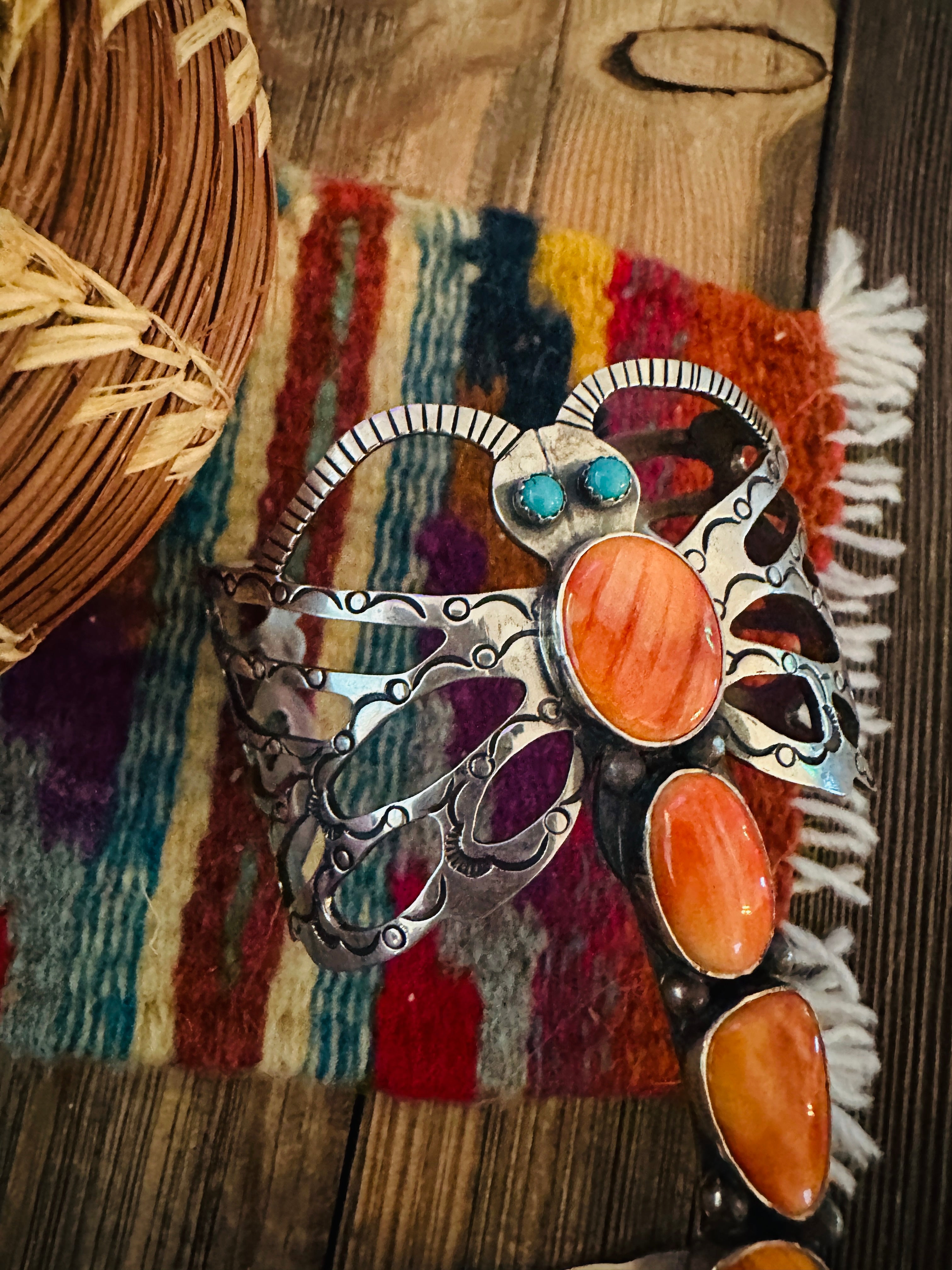 Handcrafted Sterling Silver, Spiny Oyster & Turquoise Dragonfly Cuff Bracelet by Russell Sam