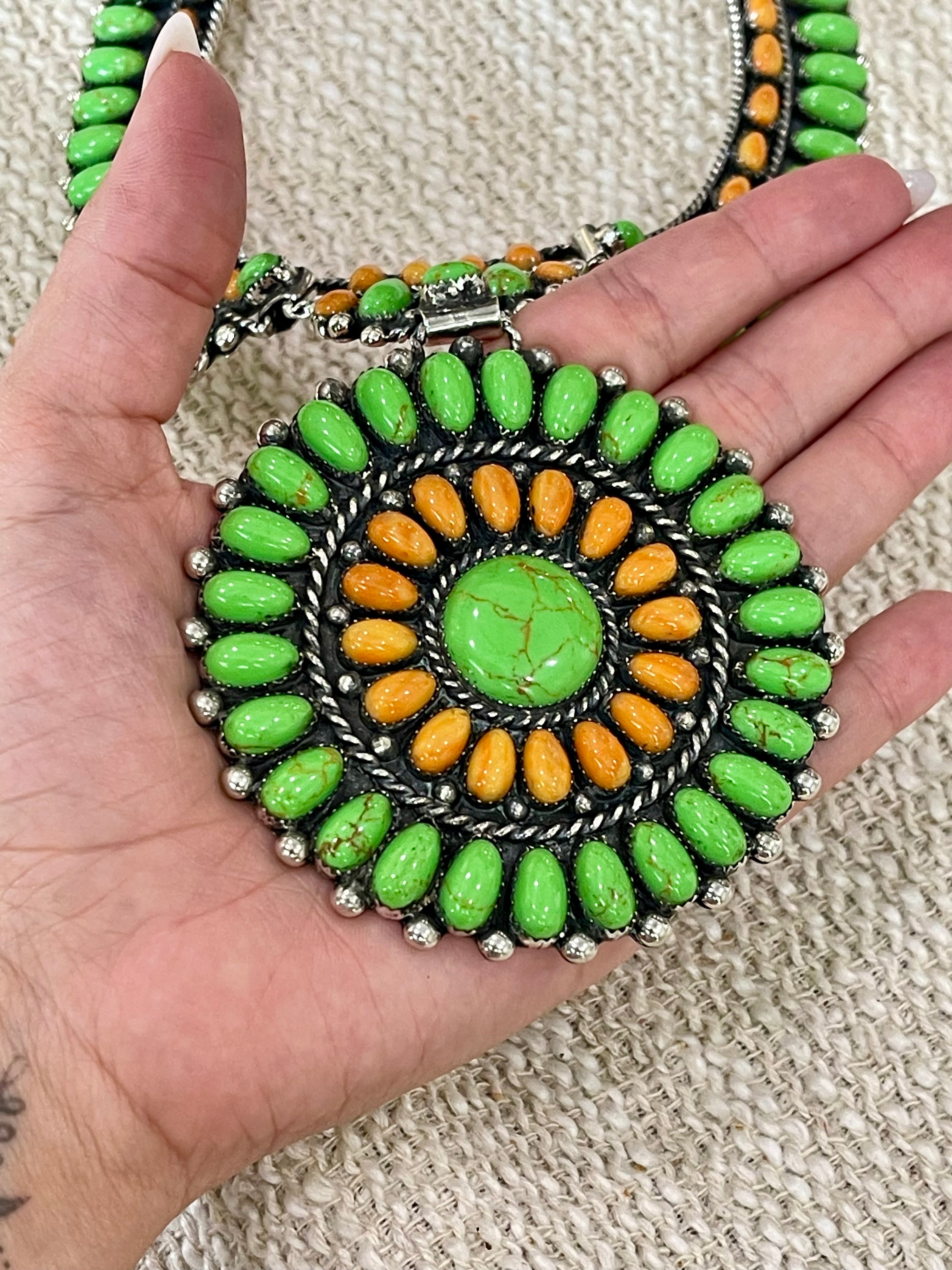 Beautiful Sterling Silver, Dyed Kingman Turquoise & Orange Spiny Cluster Necklace And Earring Set