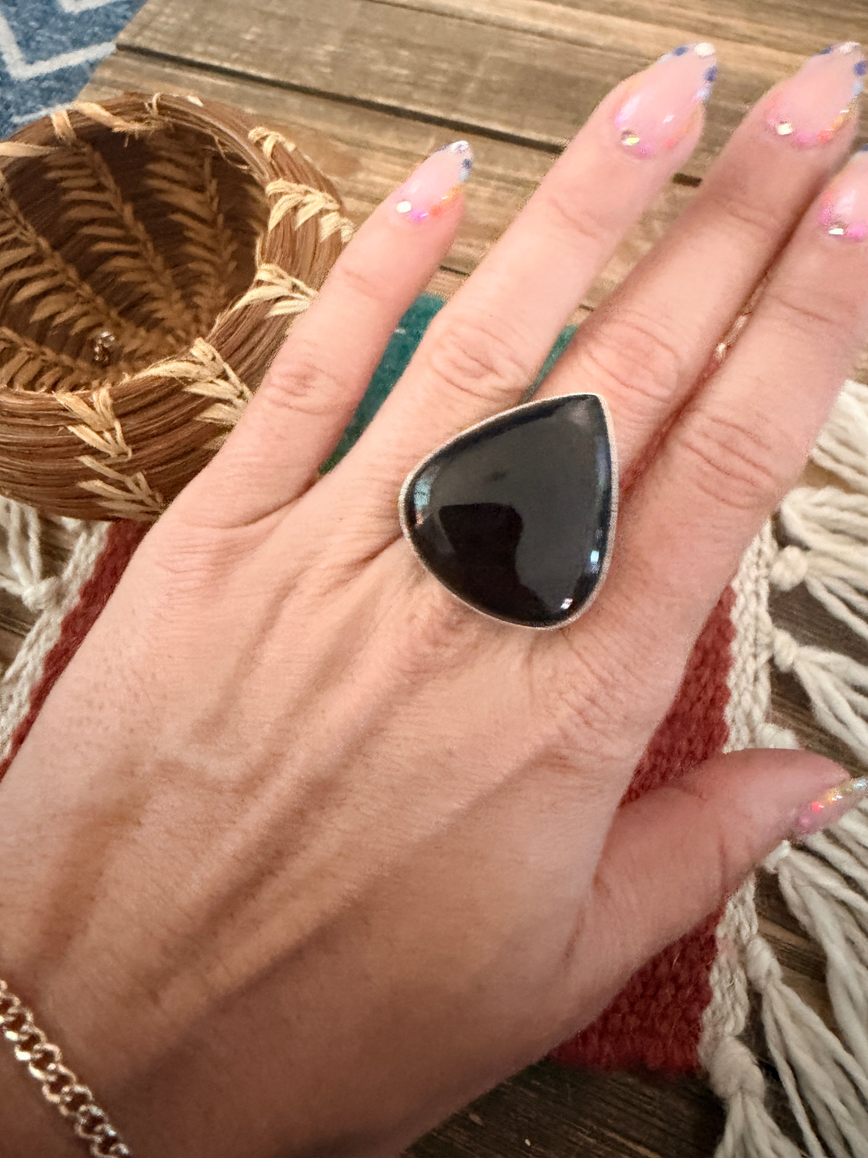 Handcrafted Black Onyx & Sterling Silver Ring Size 7.25